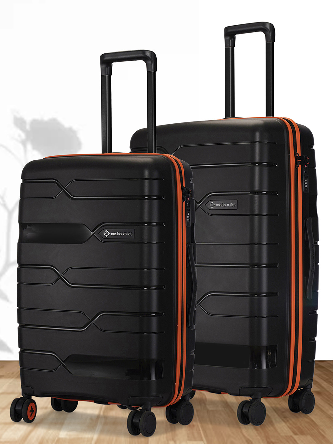 Nasher Miles Cannes  Polypropylene  Set of 2 Black Orange Trolley Bags (M-L)