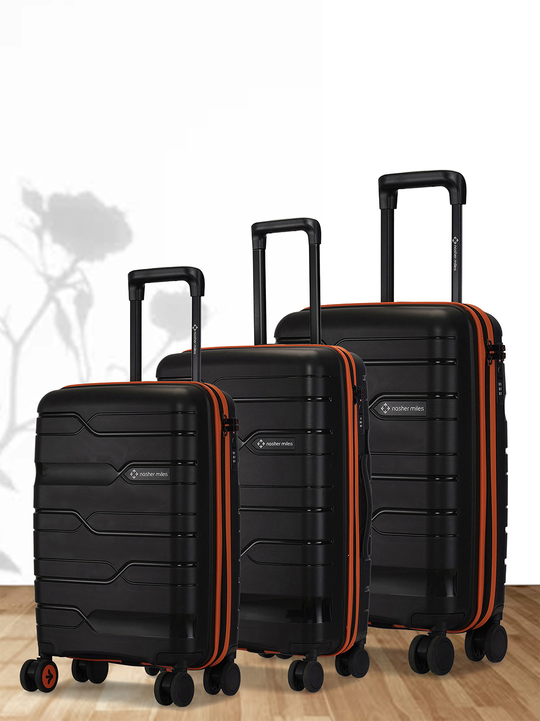 Nasher Miles Cannes Polypropylene Set of 3 Black Orange Trolley Bags