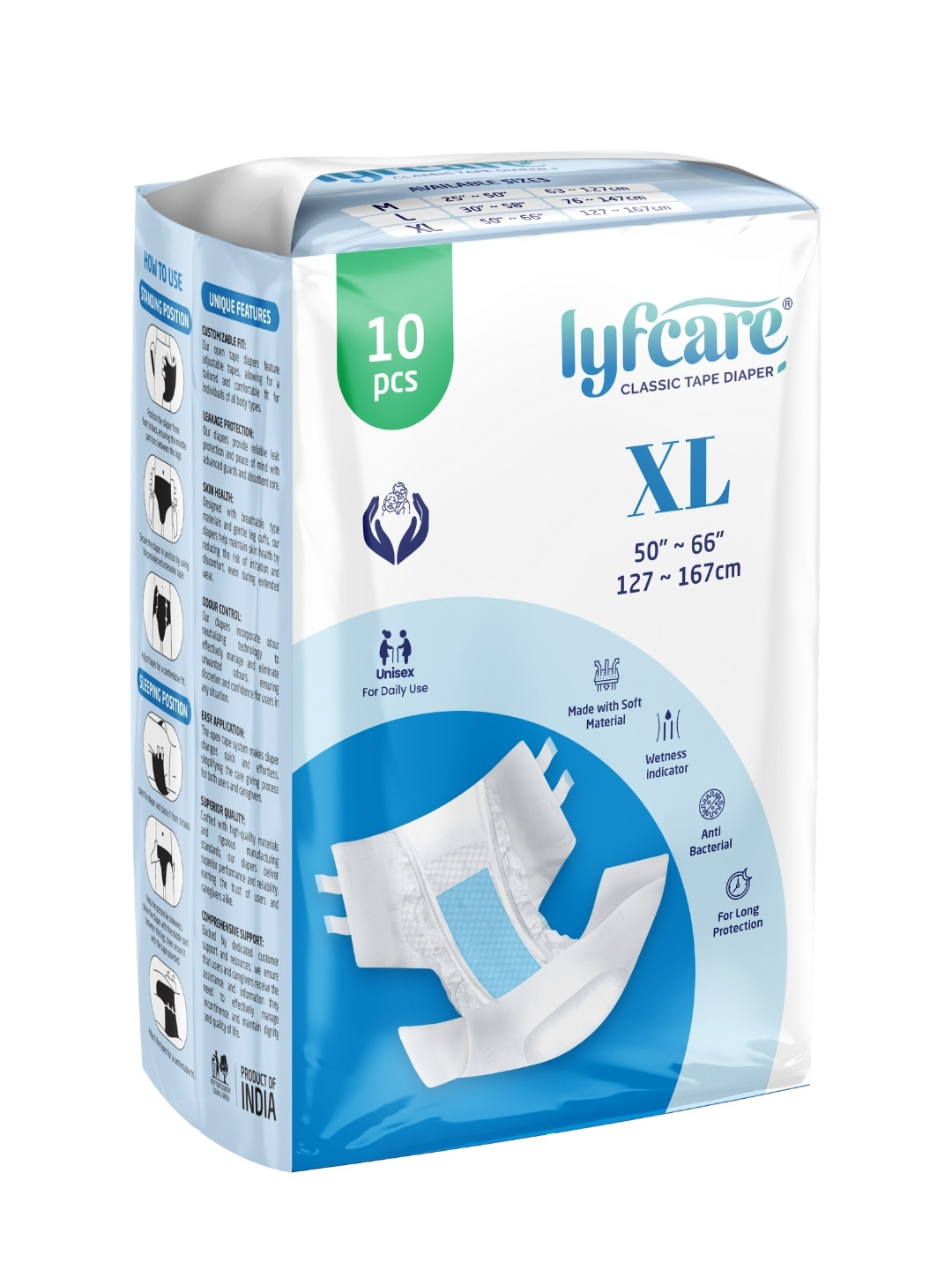 Lyfcare Open Tape Adult Diapers For Long Protection Regular - XL - 10 Pcs
