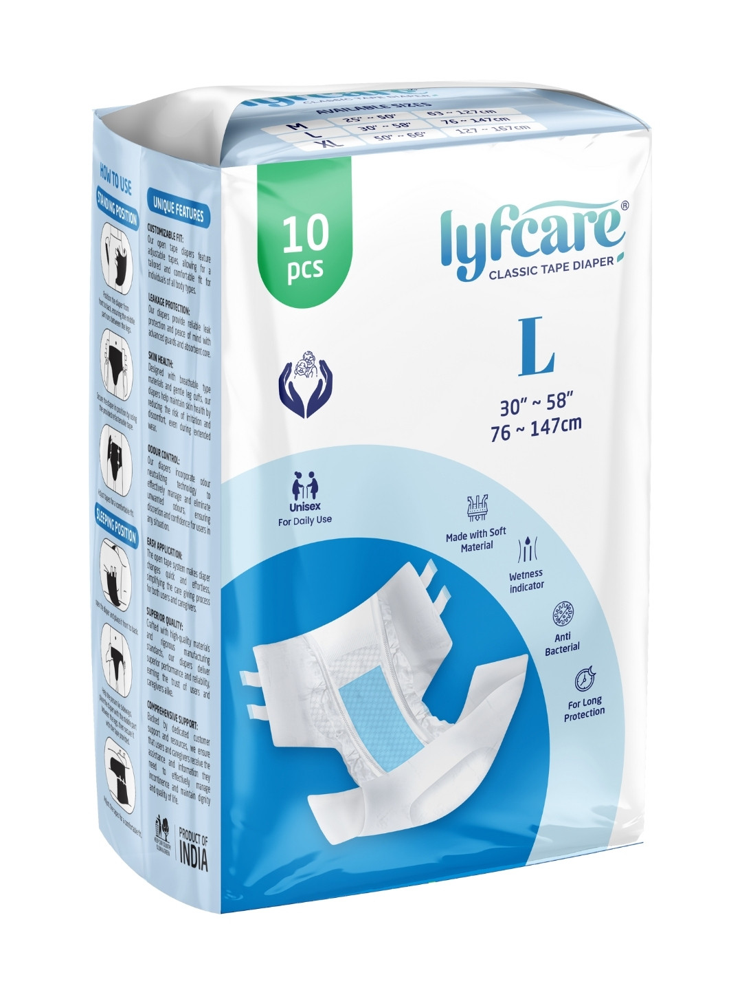 Lyfcare Open Tape Adult Diapers For Long Protection - L - 10 Pcs