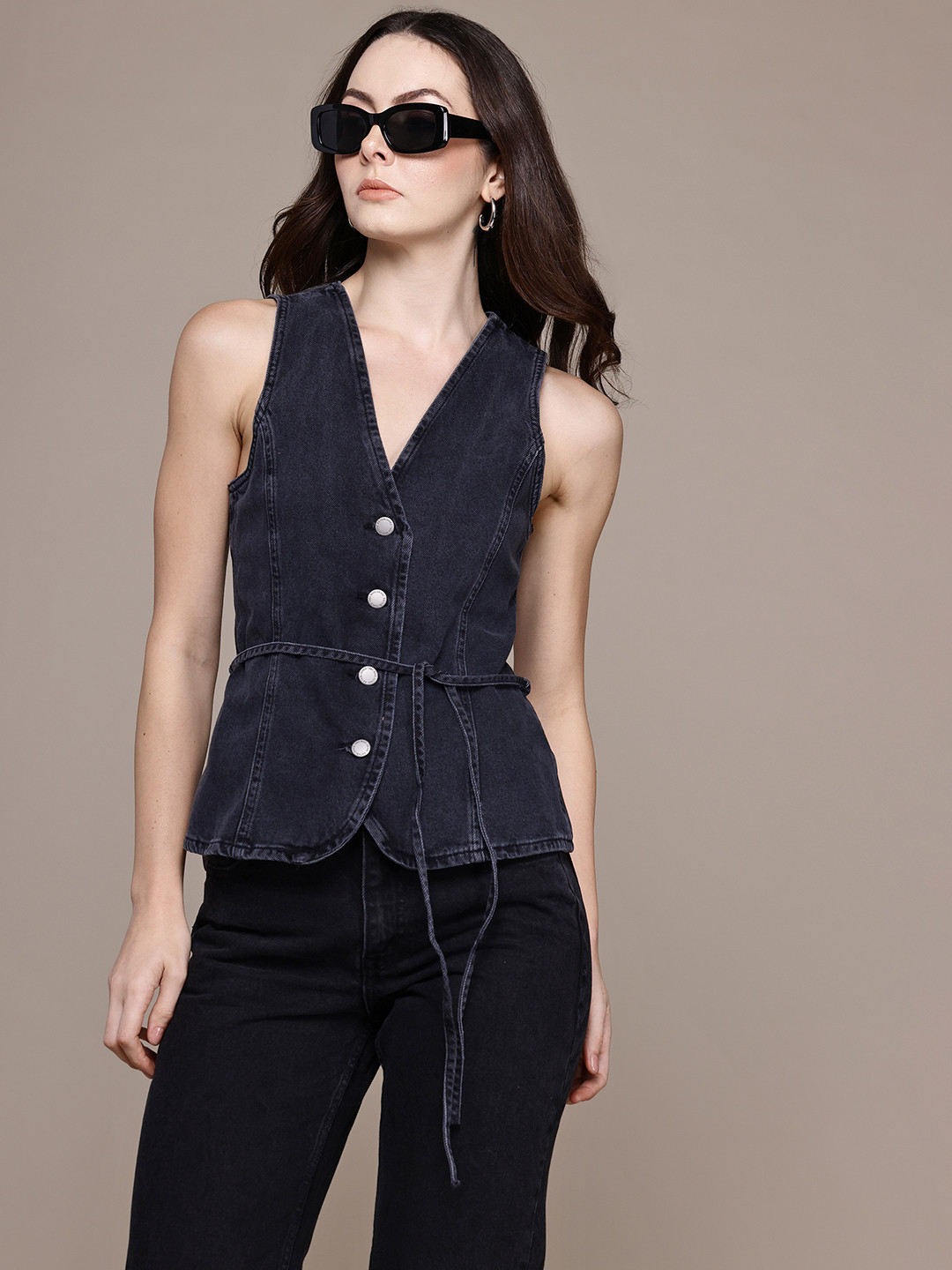 MANGO Tie-Ups Pure Cotton Denim Waistcoat