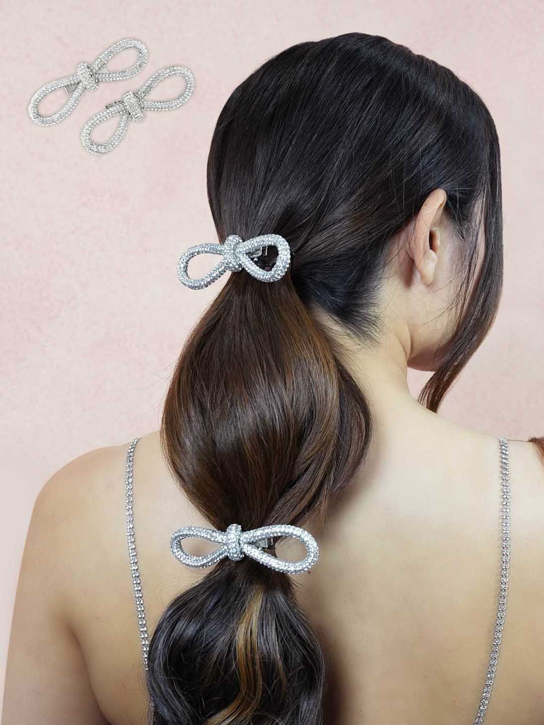 HAIR DRAMA CO. Women Set of 2 Crystal Embellished Hair Bow Barrette Clips
