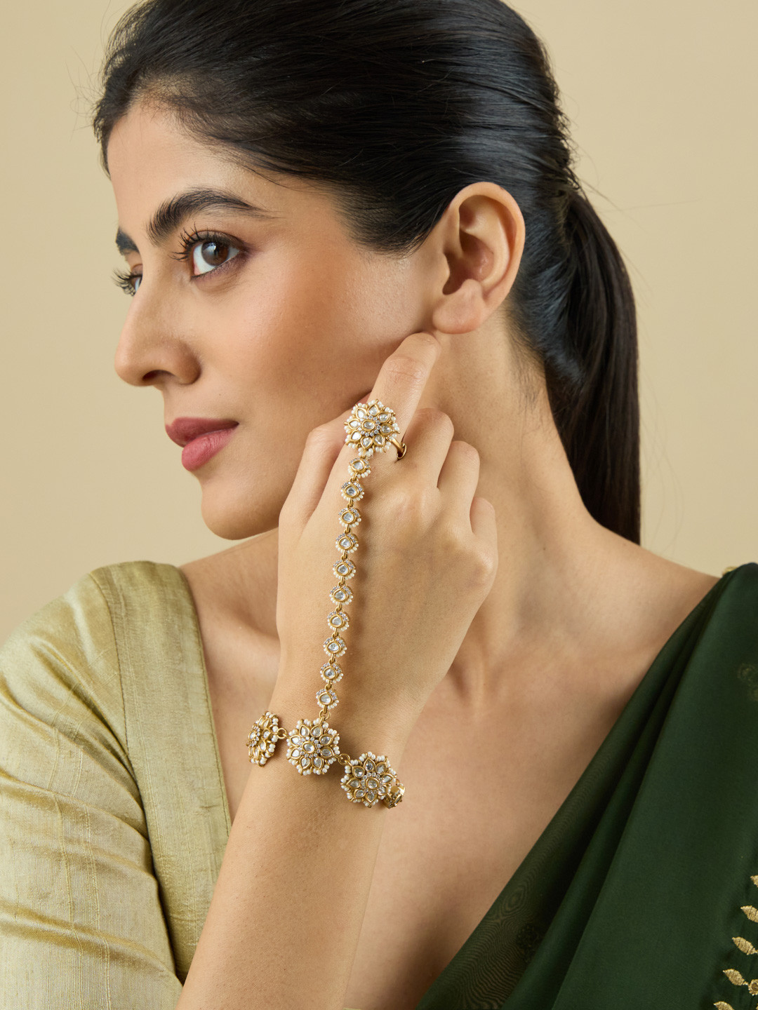 Kushal's Fashion Jewellery Embellished Bridal  Victorian-Plated Kundan &  Link Bracelet