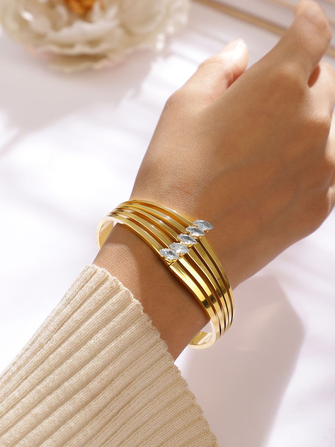 Rubans 18K Gold-Plated Stainless Steel TarnishFree Waterproof Zirconia MultiLayer Bracelet