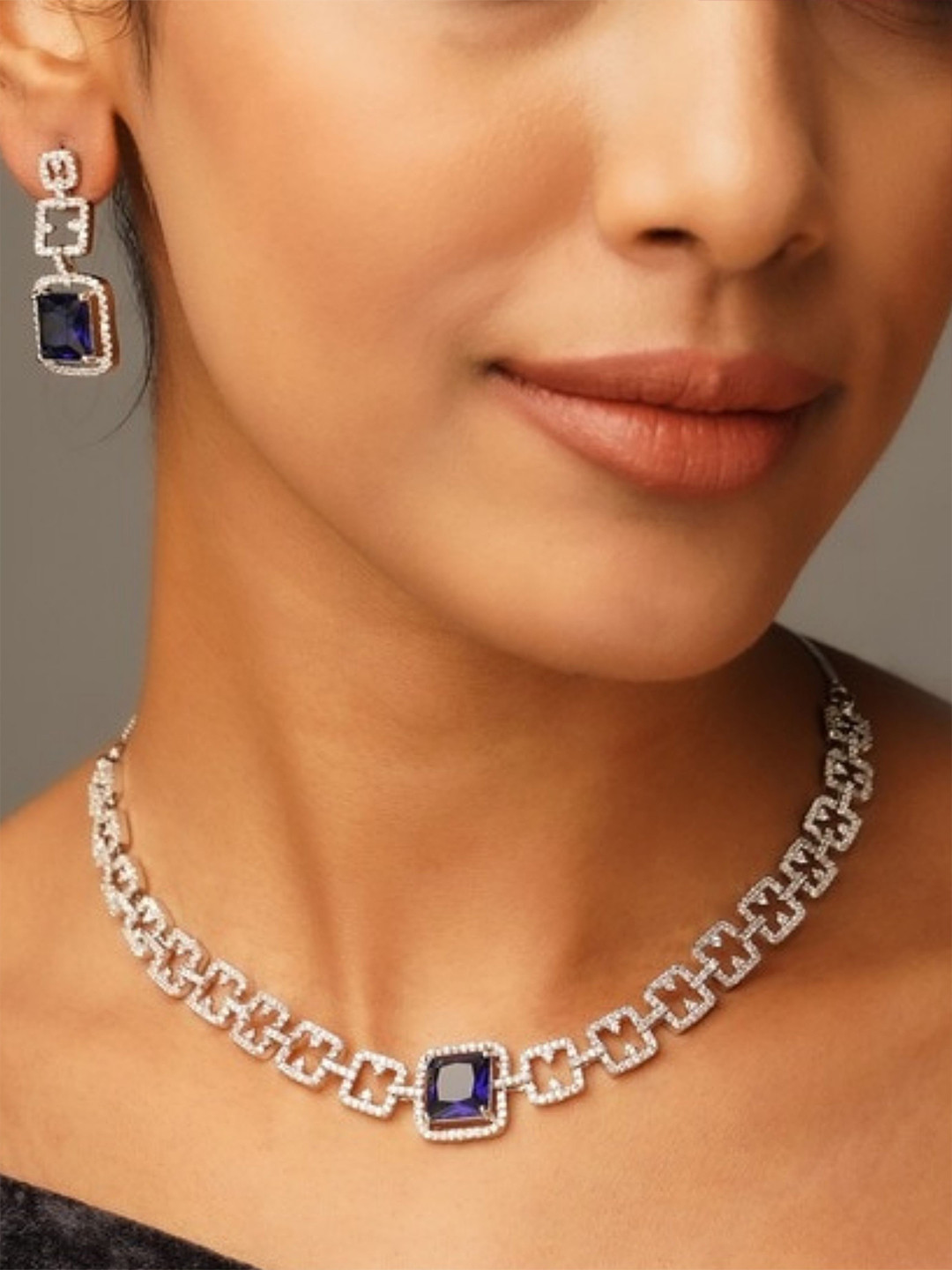 ABDESIGNS Sophisticated Silver Plated American Diamond Necklace Jewellery Set