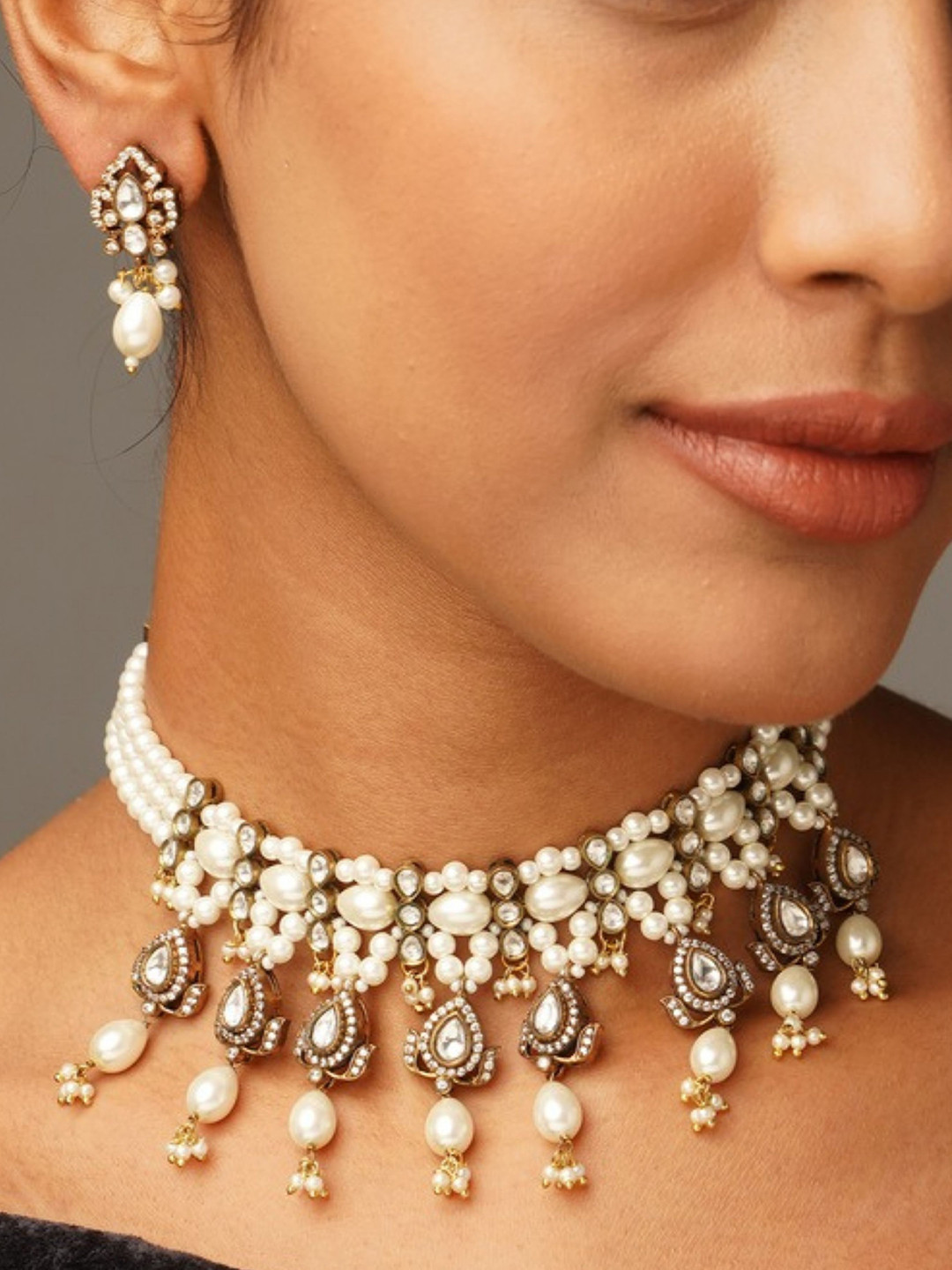 ABDESIGNS Enchanting Gold Plated Polki American Diamond Choker Necklace Jewellery Set