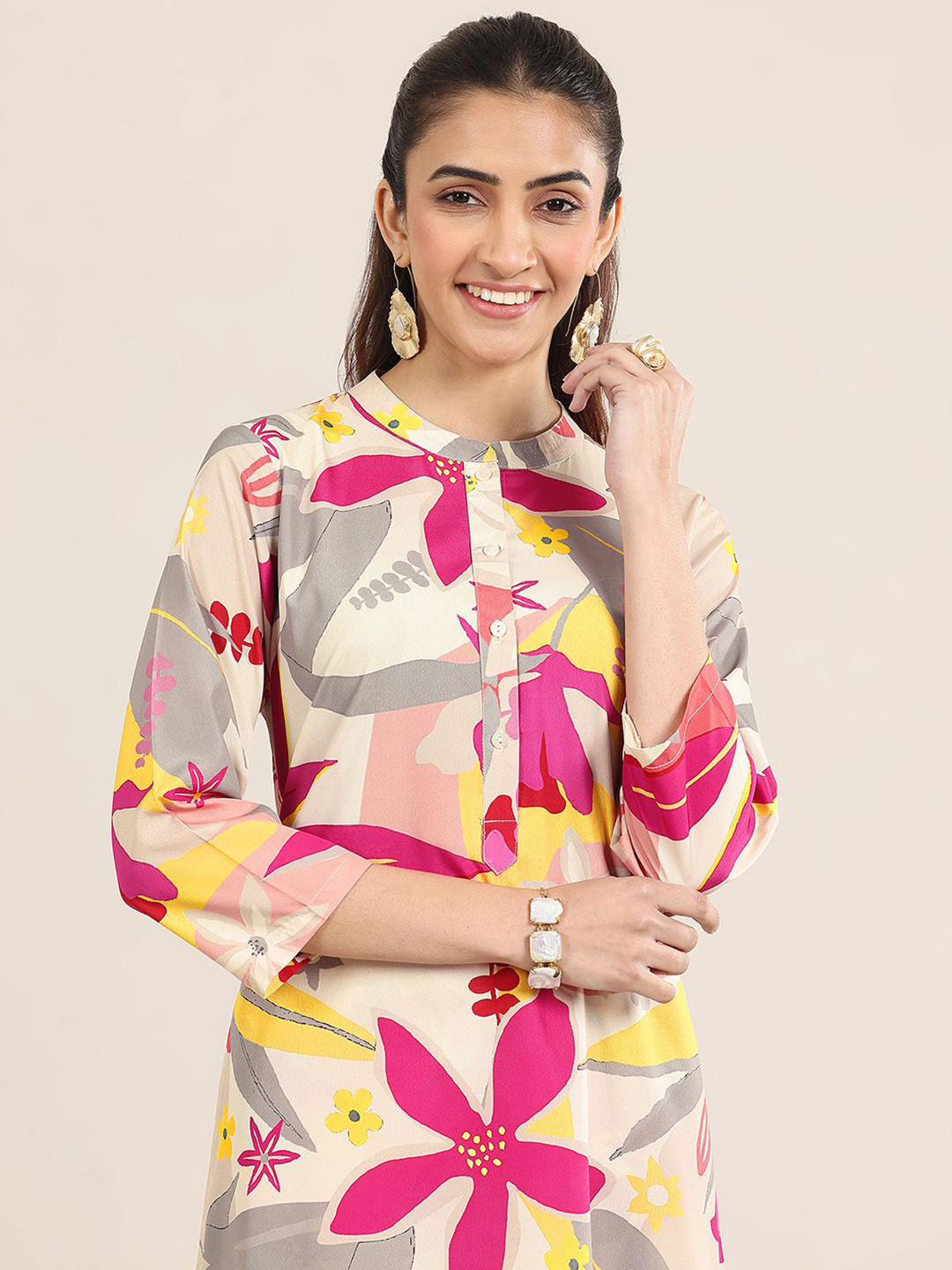 Libas Floral Printed Mandarin Collar Long Tunic With Trousers