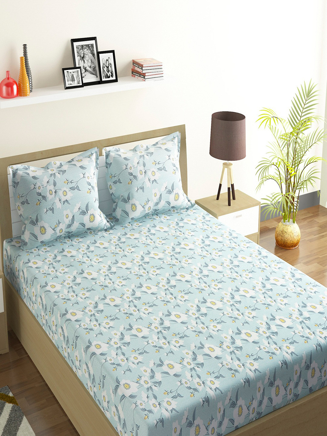 Status Blue Floral Microfiber 104 TC King Coarse Bedsheet with 2 Pillow Covers-94 x 87 inches