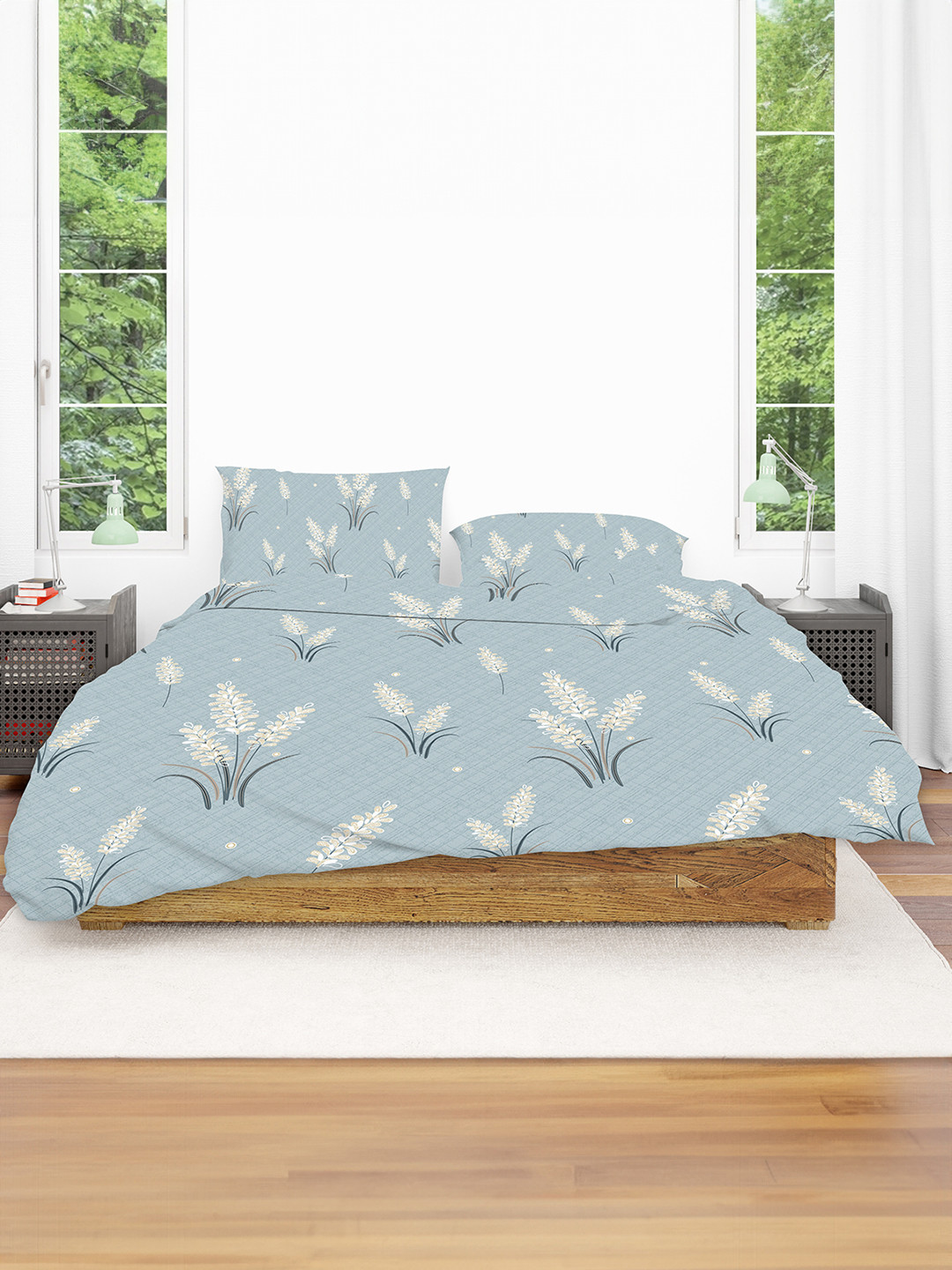 Status Contract Value Plus Blue Floral Microfiber 144 TC King Coarse Bedsheet with 2 Pillow Covers-94 x 87 inches