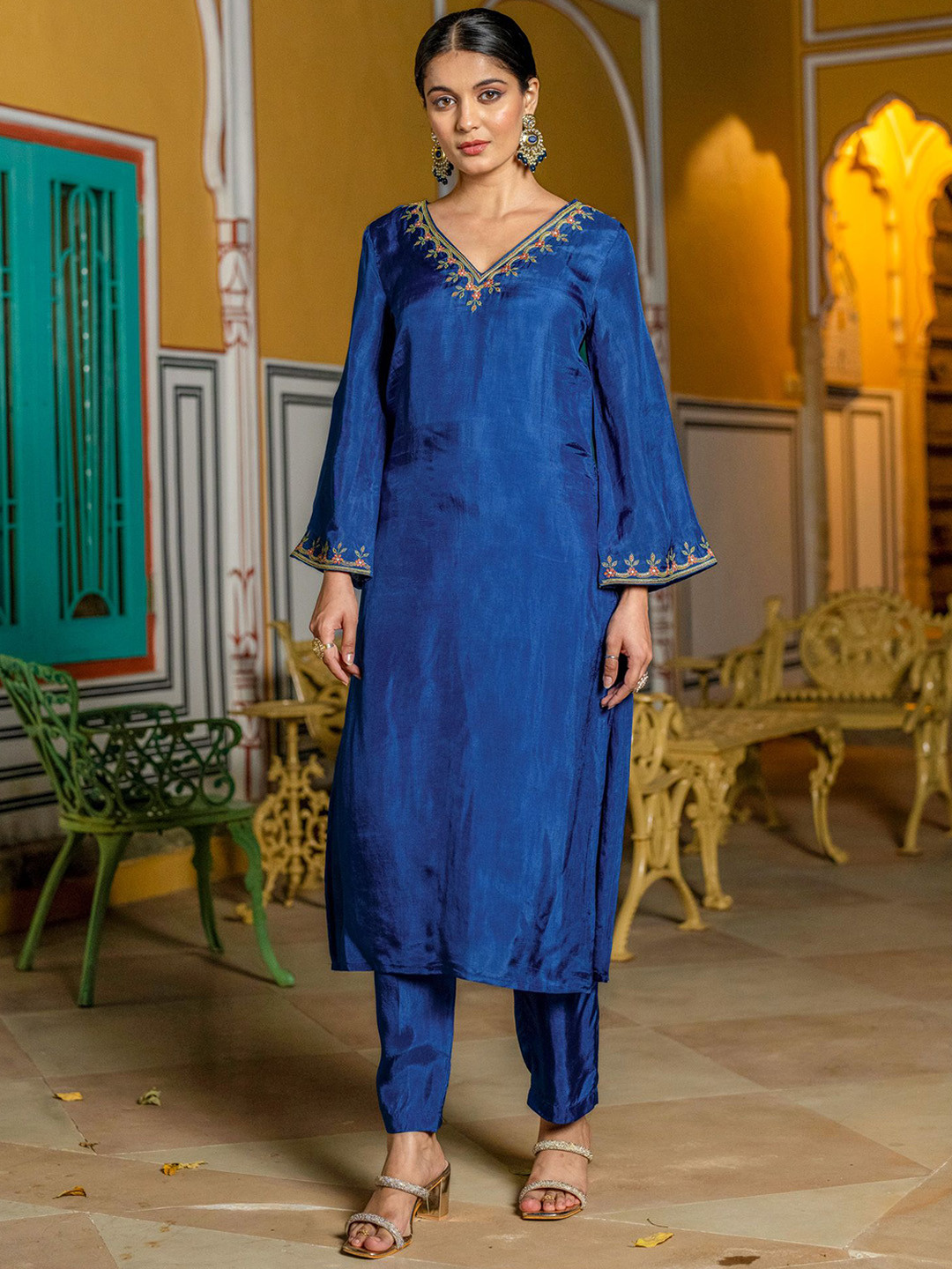 KASYA Embroidered Thread Work Upada Silk Tunic With Trousers