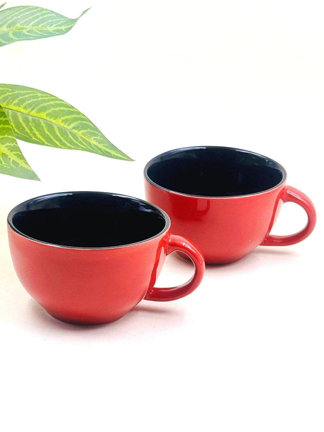Lupaava Red & Black 2 Pieces Ceramic Glossy Serving Bowls With Spoons -350 ml Each
