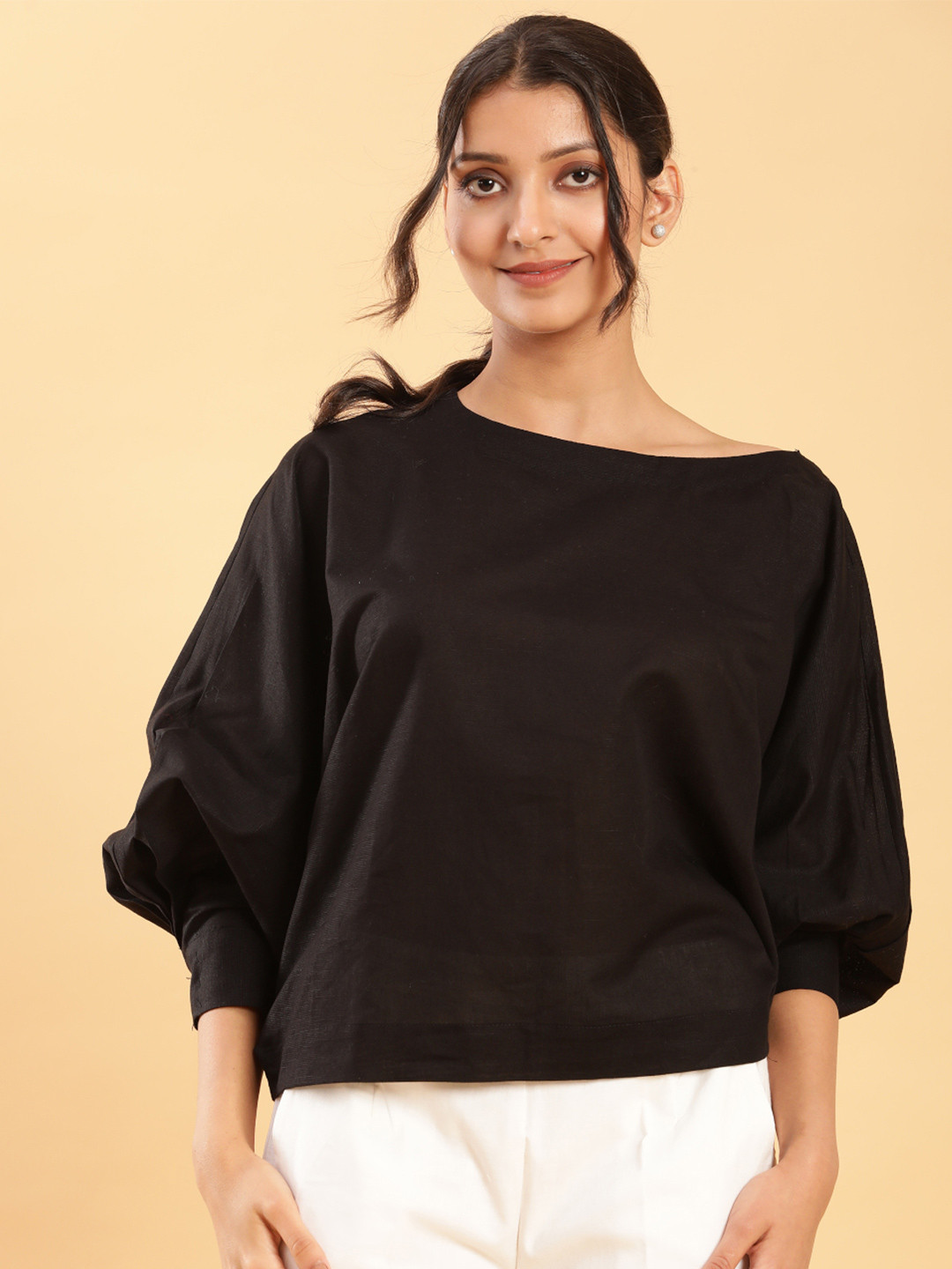 BohoJazz Style The Way You Want Women Bishop Sleeves Boat Neck Linen Boxy Top