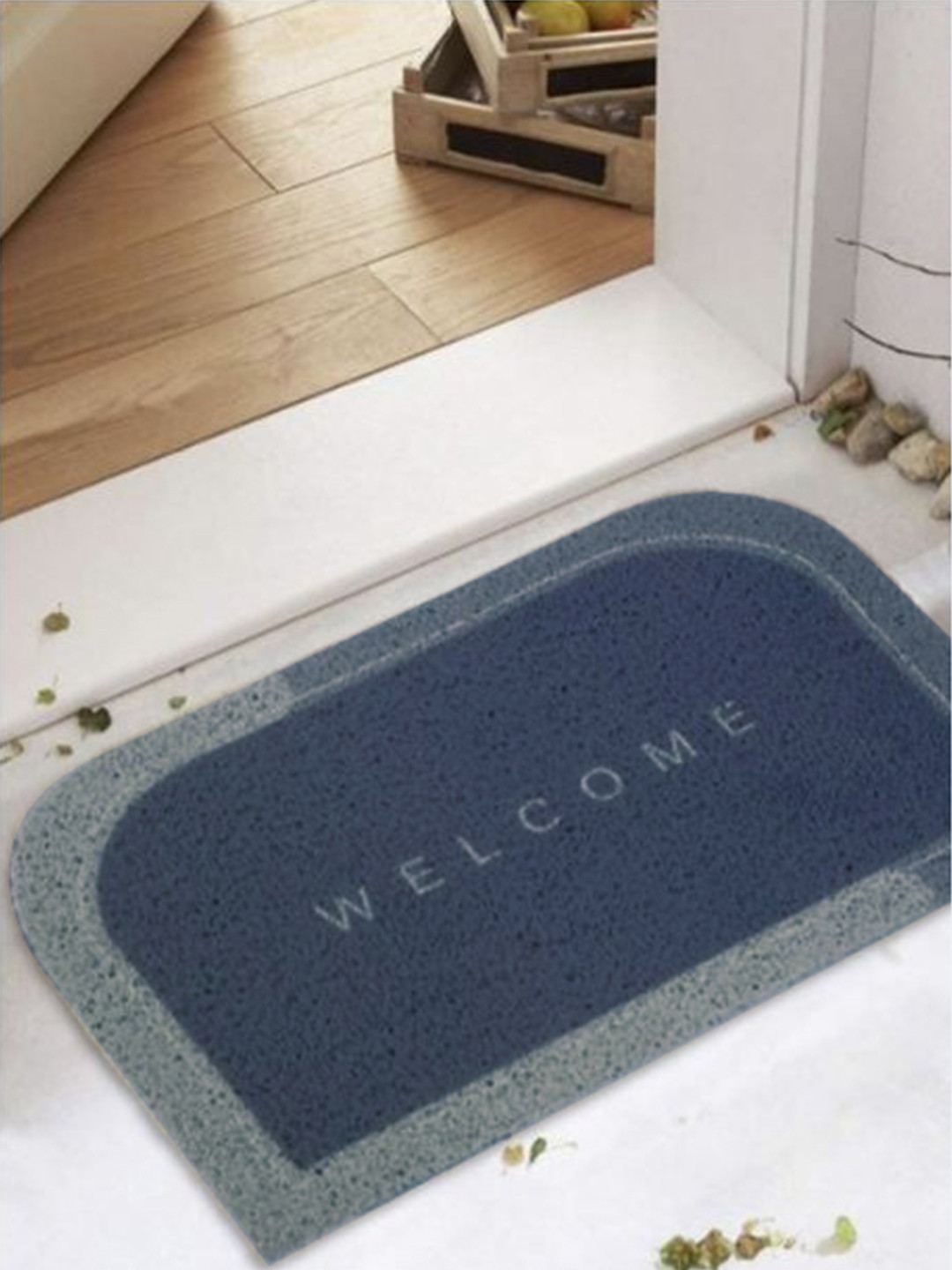 Status Blue & Sky Blue Welcome Printed Anti Skid Noodle Doormat