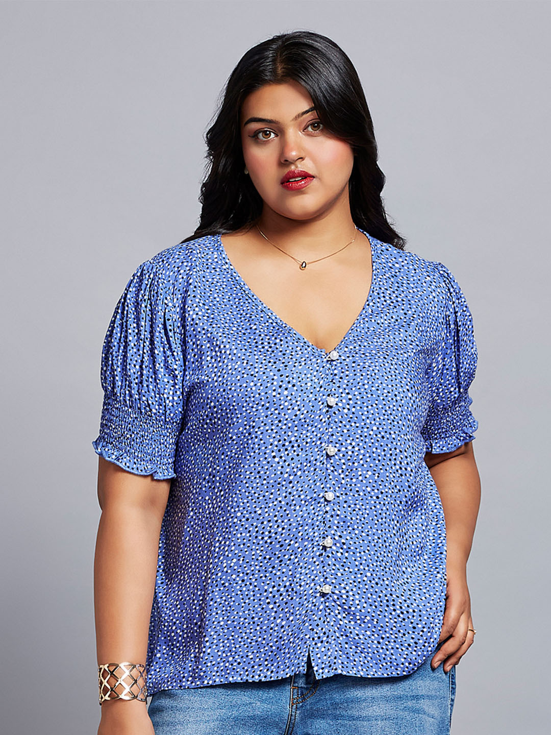 Globus Gloplus Abstract Print V-neck Puff Sleeves Plus Size Workwear Top