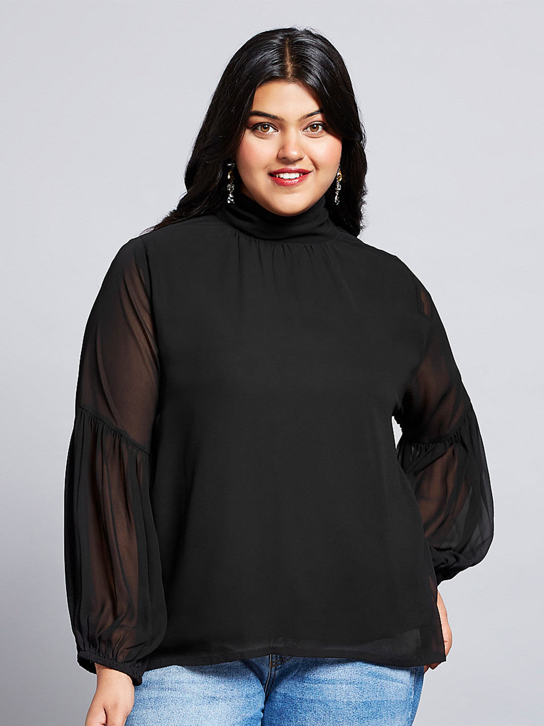 Globus Gloplus Tie-up High Neck Bishop Sleeves Georgette Plus Size Workwear Top