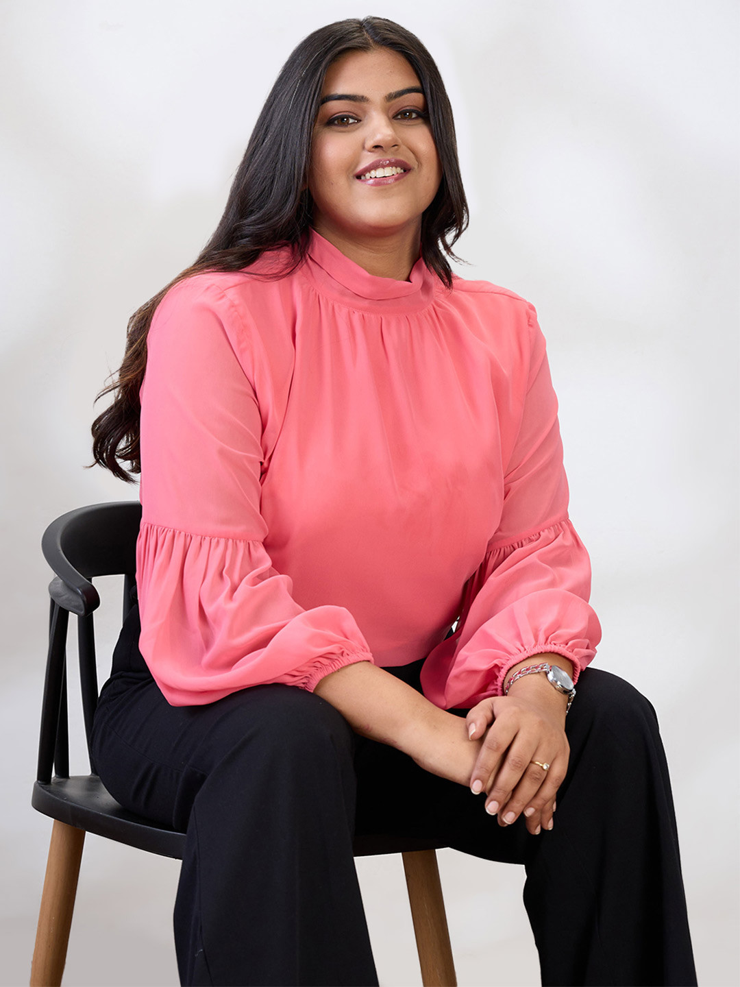 Globus Gloplus Tie-up High Neck Bishop Sleeves Georgette Plus Size Workwear Top