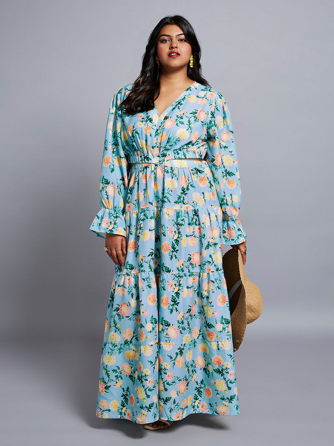 Globus Gloplus Floral V-Neck Bishop Sleeves Cut-Out Tiered Fit & Flare Plus Size Dress