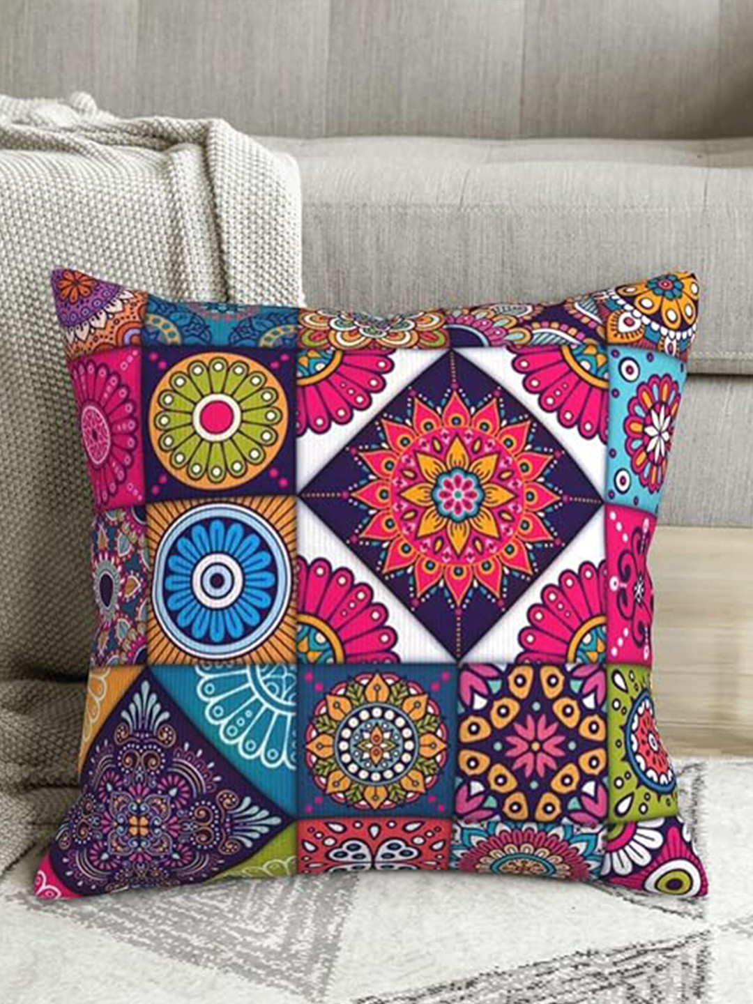 DecorTwist Green & Orange Pack of 2 Ethnic Motifs Cotton Square Throw Cushion Covers