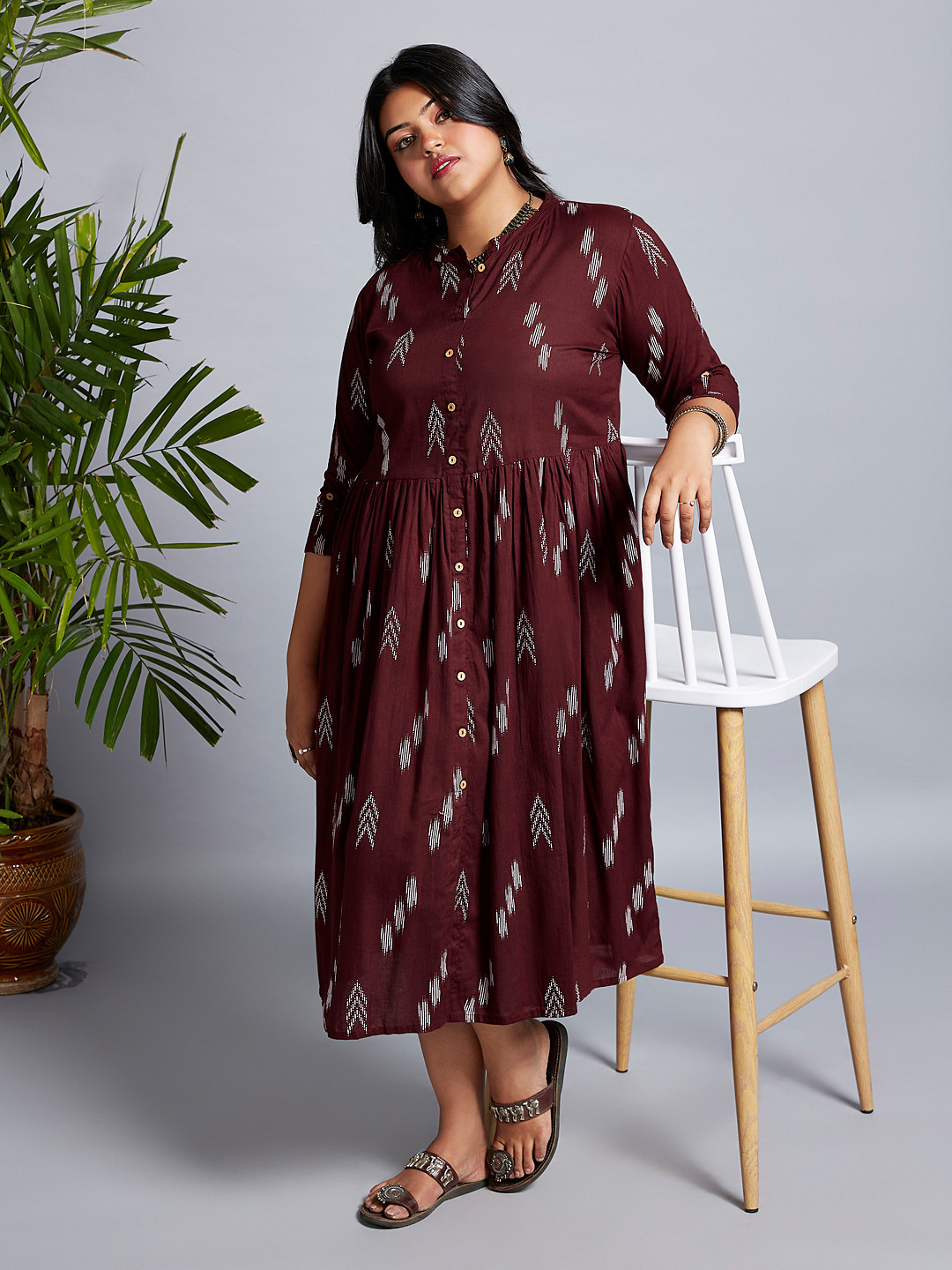 Globus Gloplus Printed Mandarin Collar Roll-Up Sleeves A-Line Midi Plus Size Dress