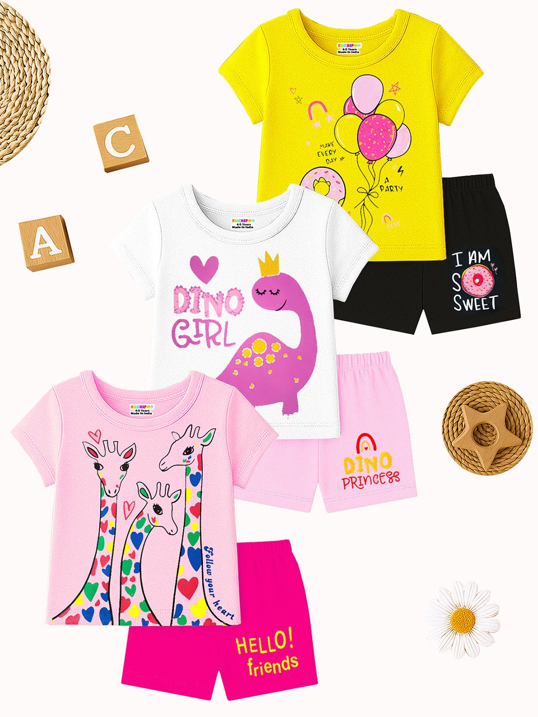 KUCHIPOO Girls Set Of 3 Animal Printed T-shirt With Shorts
