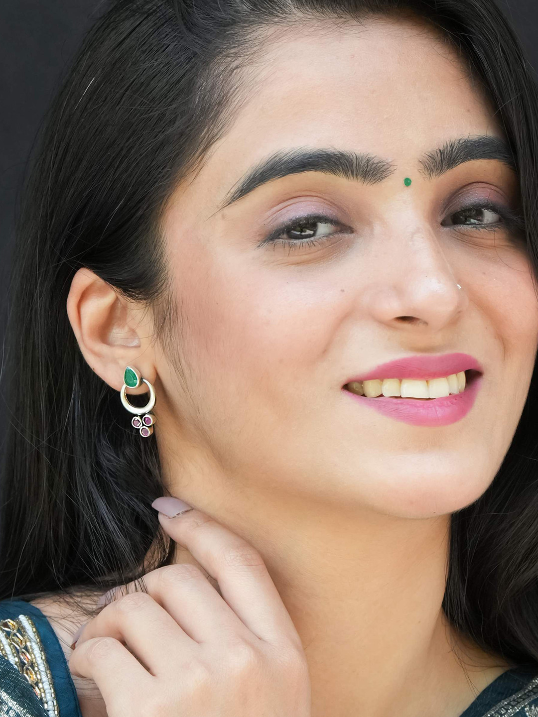 925 Silver Chand Bali Drop Earrings with Red and Green Gemstones