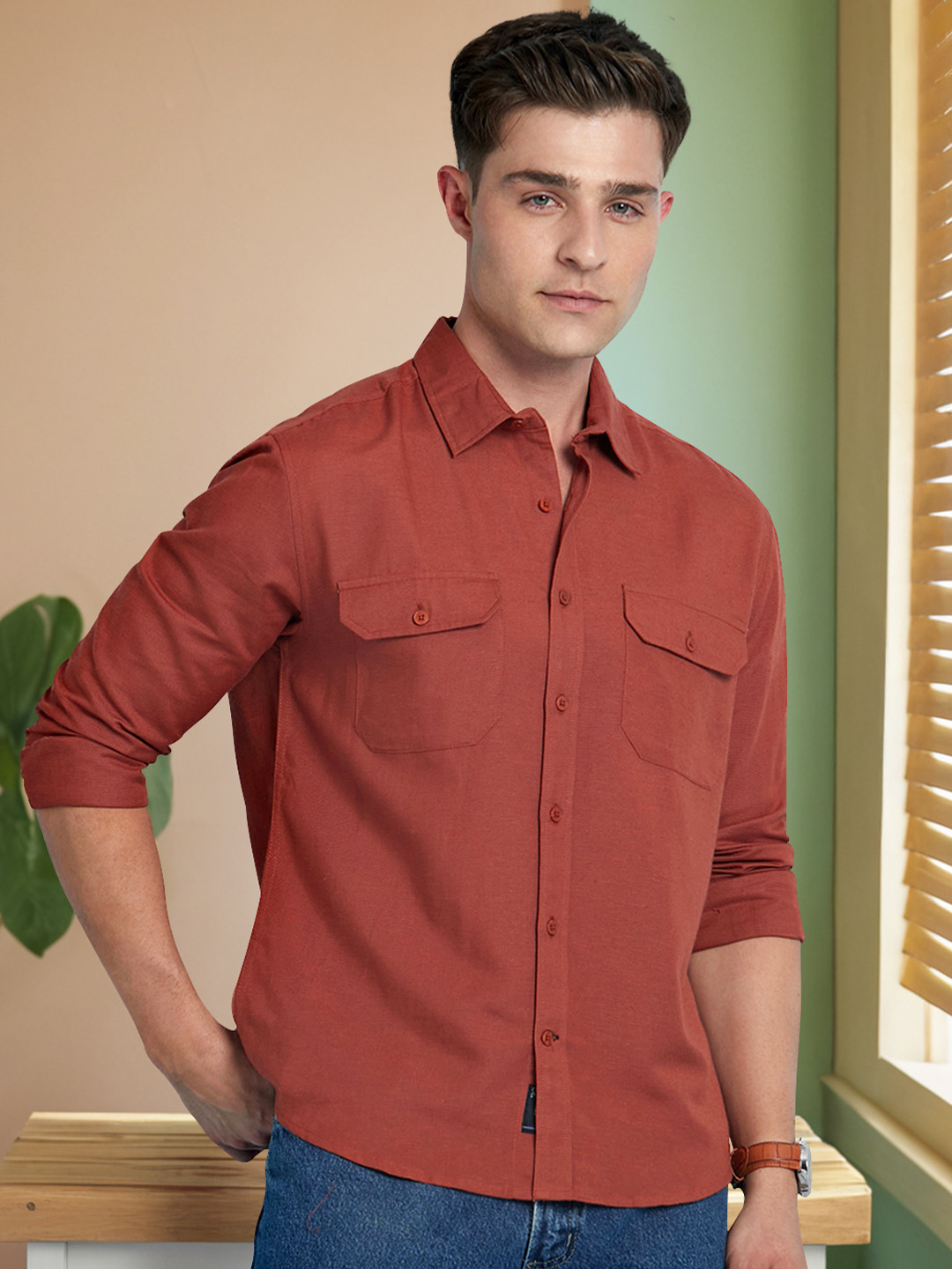 Dennis Lingo Men Linen Viscose Spread Collar Full Sleeves Regular Fit Shirt