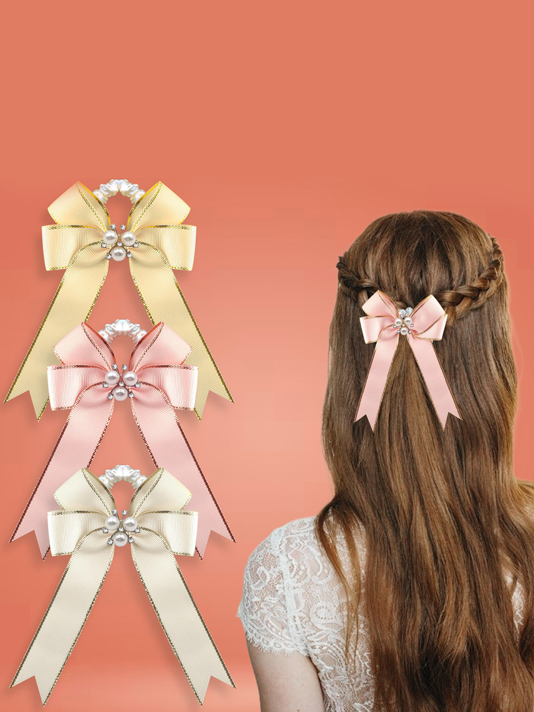 LYKAA Set of 3 Assorted Ribbon Hair Bow Ponytail Rubber Bands