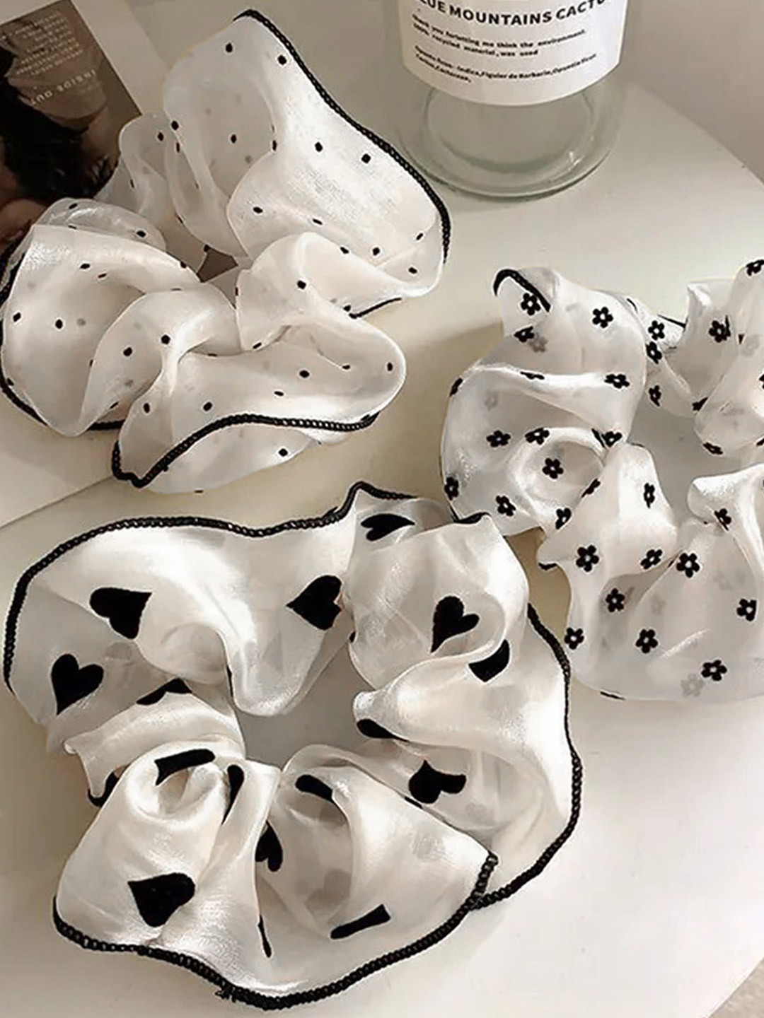 LYKAA Set of 3 Black & White Fluffy Large Organza Silk Scrunchies