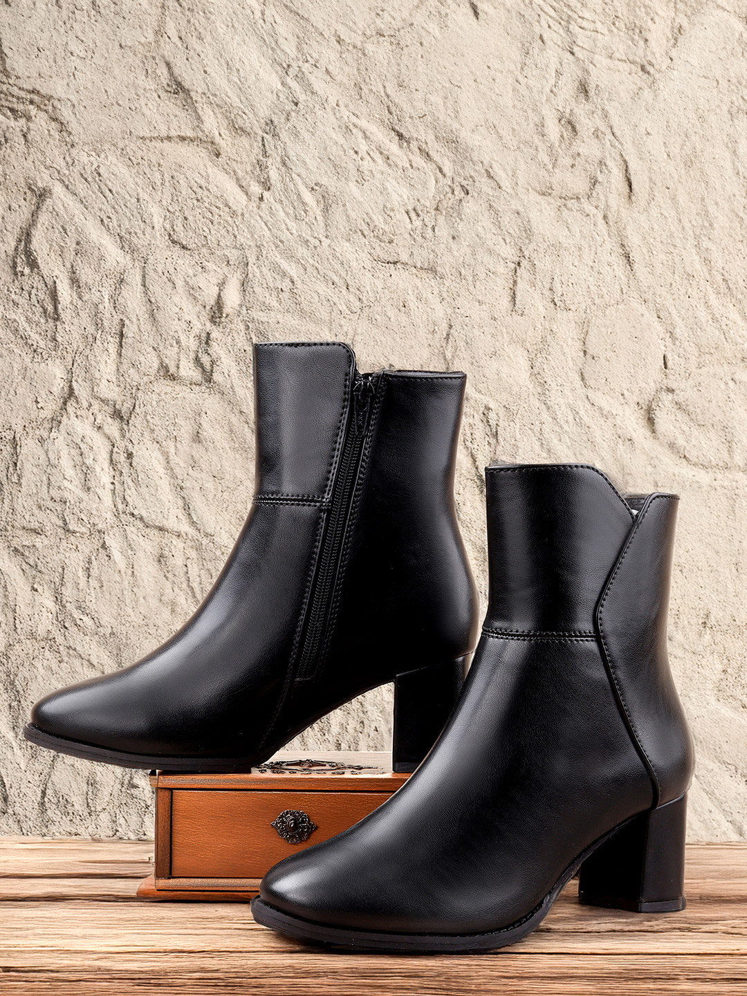 Bxxy Women Faux Leather Ankle Boots with Side Zip and Block Heel