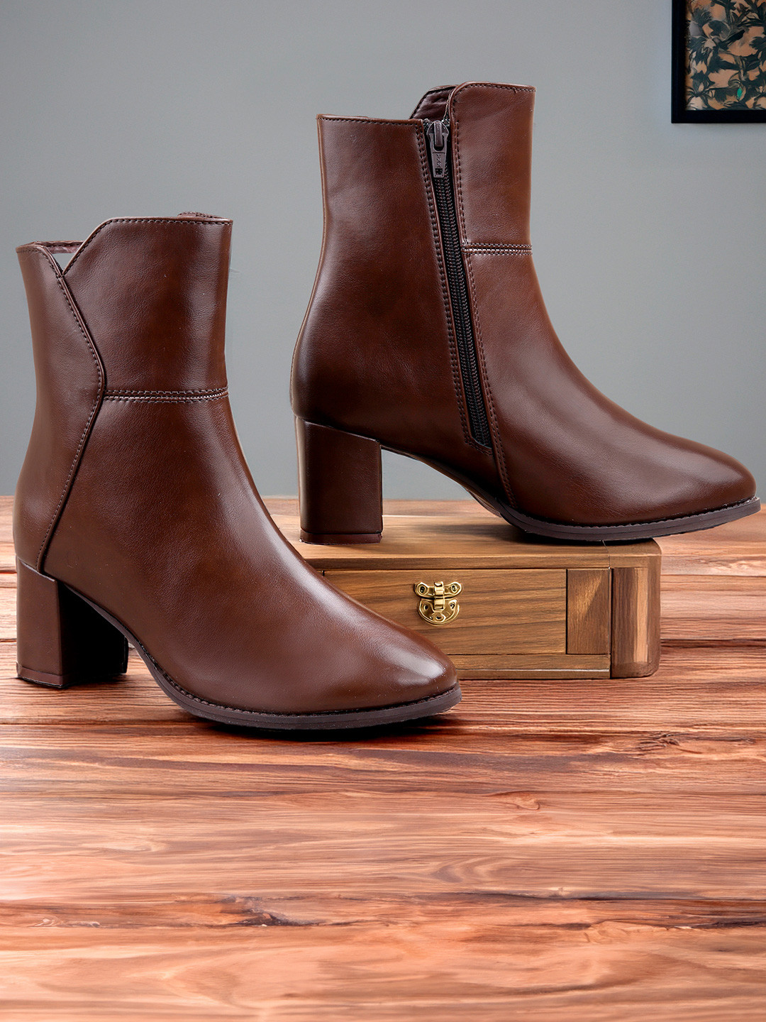 Bxxy Women Faux Leather Ankle Boots with Side Zip and Block Heel