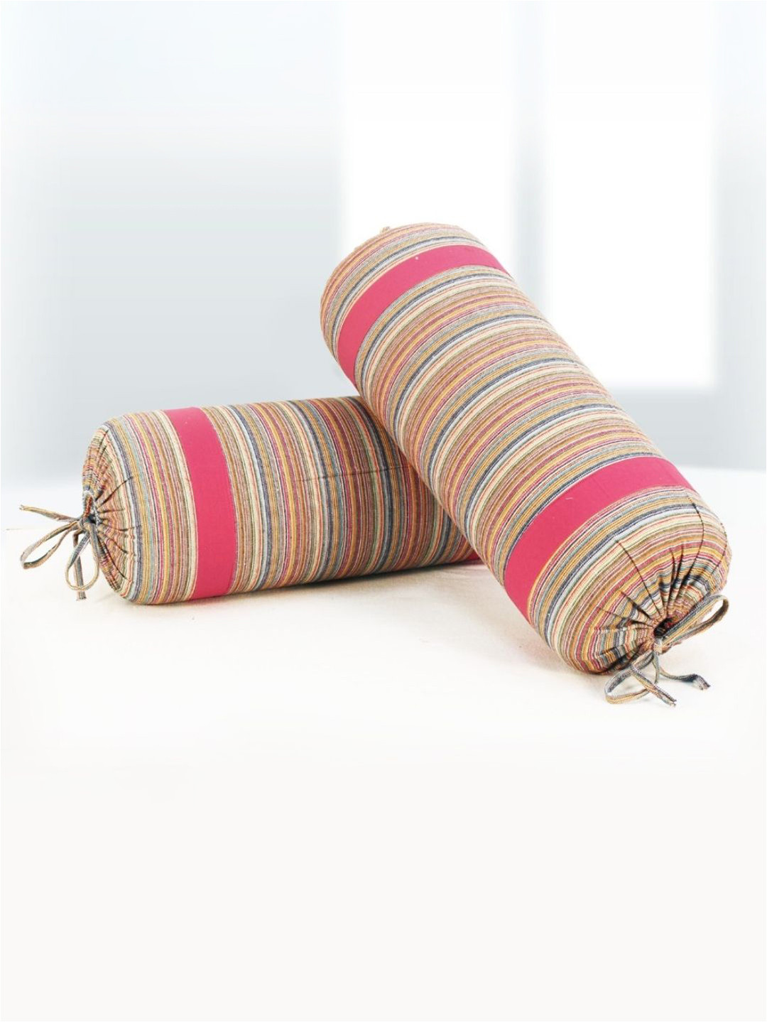 Aurave Magenta 2 Pieces Striped Cotton Breathable Bolster Covers