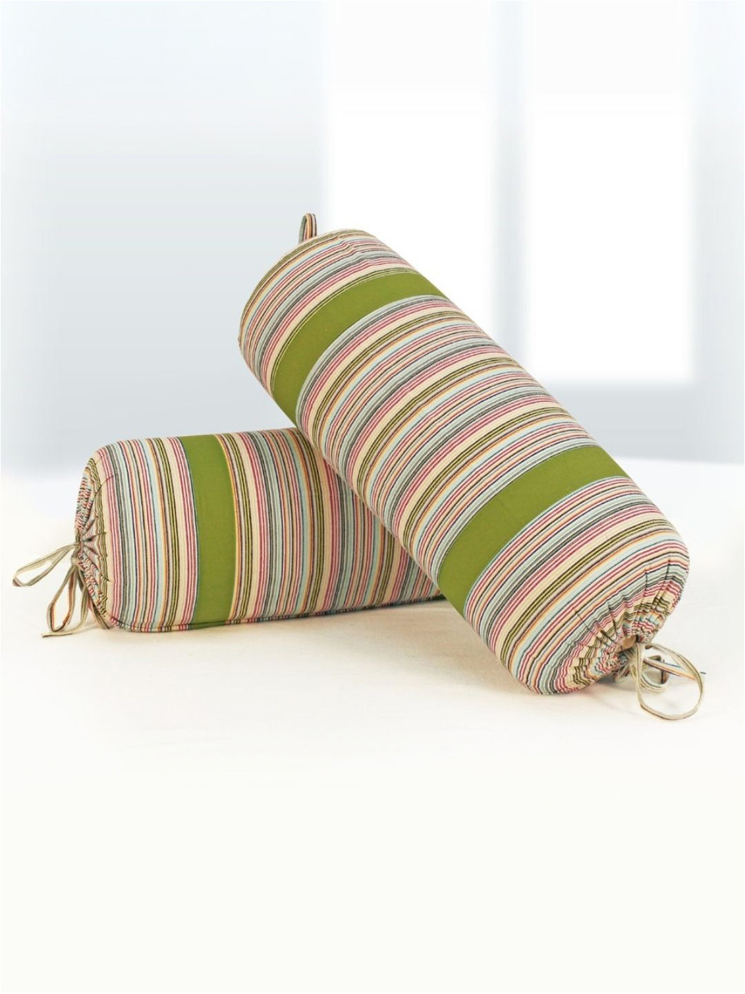 Aurave Set of 2 Green & Pink Stripped Cotton Bolster Covers