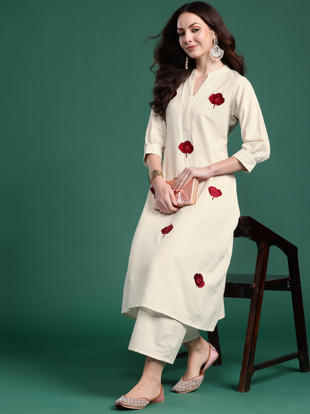 Indo Era Women Floral Embroidered Thread Work Pure Cotton Republic Day Kurta with Palazzos