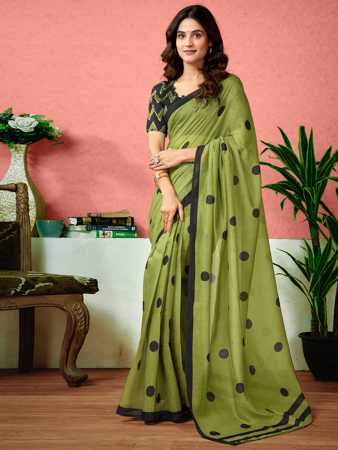 Sangria Polka Dots Printed Ready To Wear Saree With Unstitched Blouse