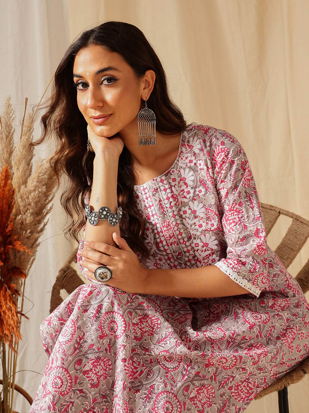 Ginni Arora Label Women Floral Printed Regular Pure Cotton Kurta with Trousers