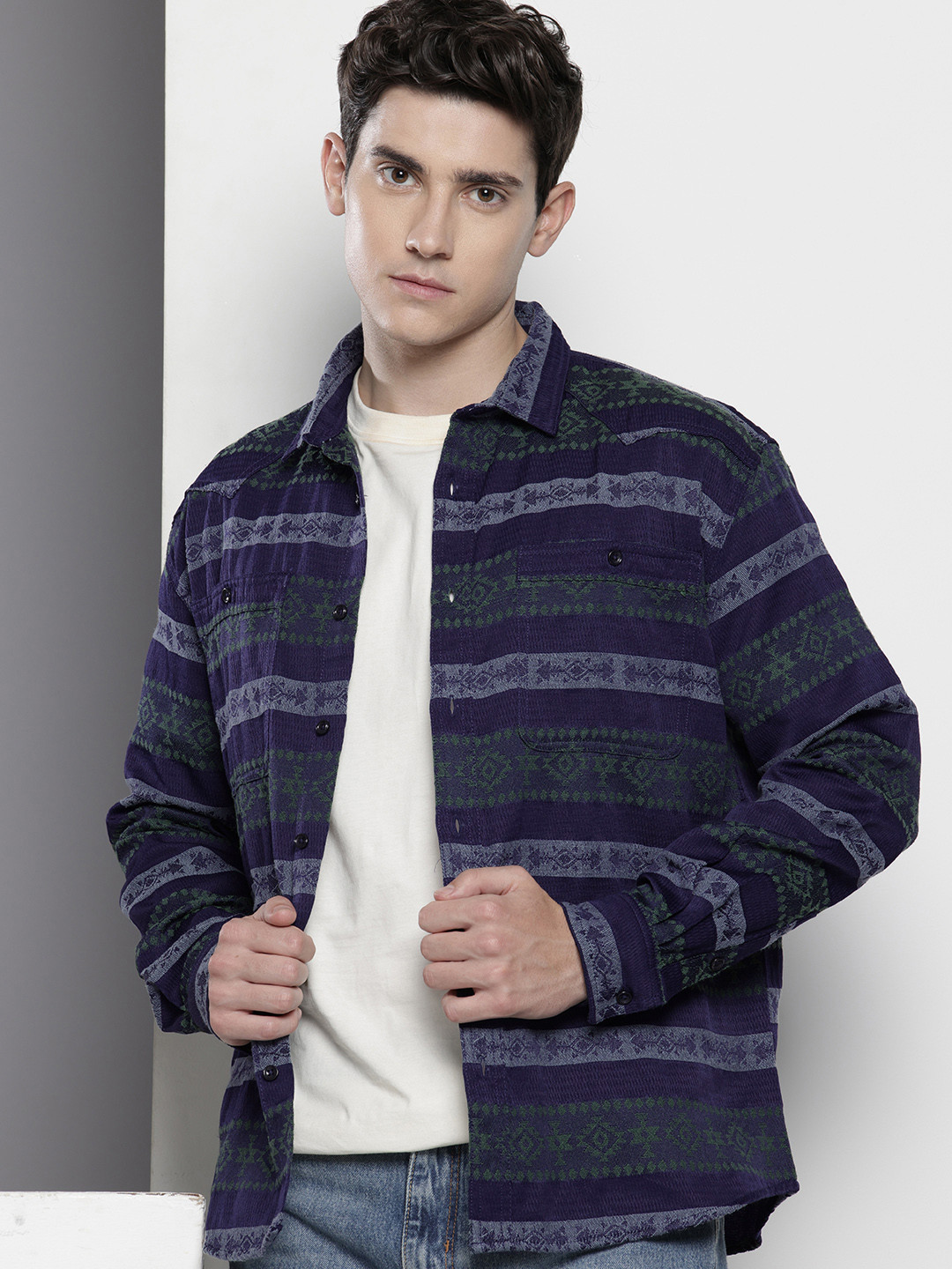 The Indian Garage Co Self-Design Ethnic Drop-Shoulder Sleeves Relaxed Fit Casual Shirt