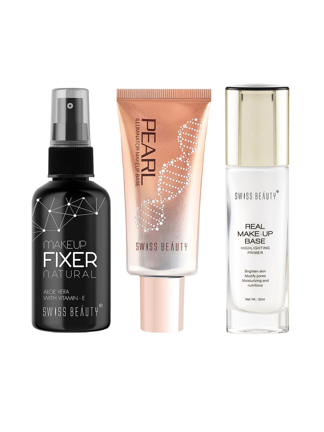 SWISS BEAUTY Set of Pearl Illuminator + Real Make-Up Base + Makeup Fixer Natural Spray