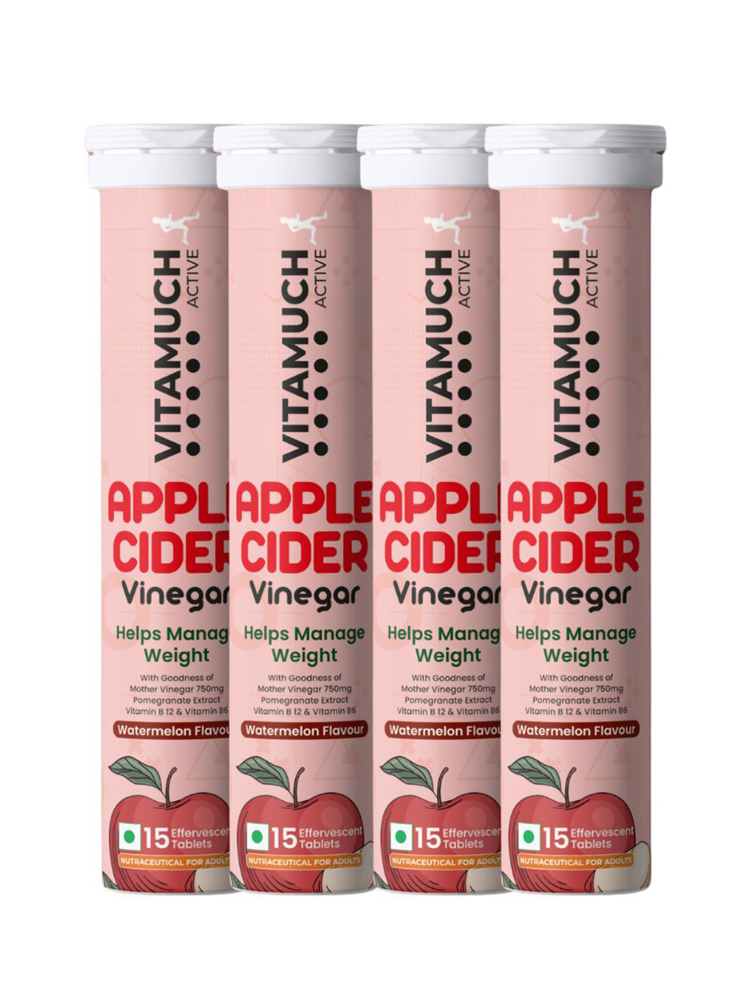 Vitamuch Set Of 4 Apple Cider Vinegar Watermelon Flavour Weight Loss Tabs - 15 Tabs Each