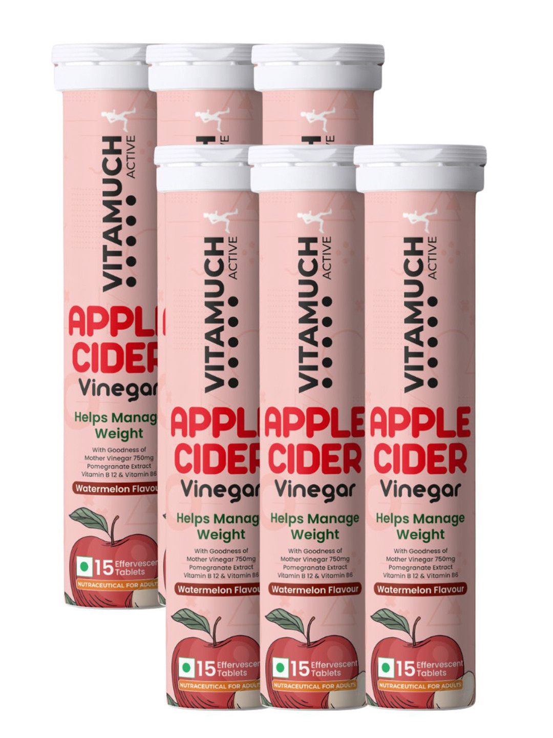 Vitamuch Set Of 6 Apple Cider Vinegar Watermelon Flavour Weight Loss Tabs - 15 Tabs Each