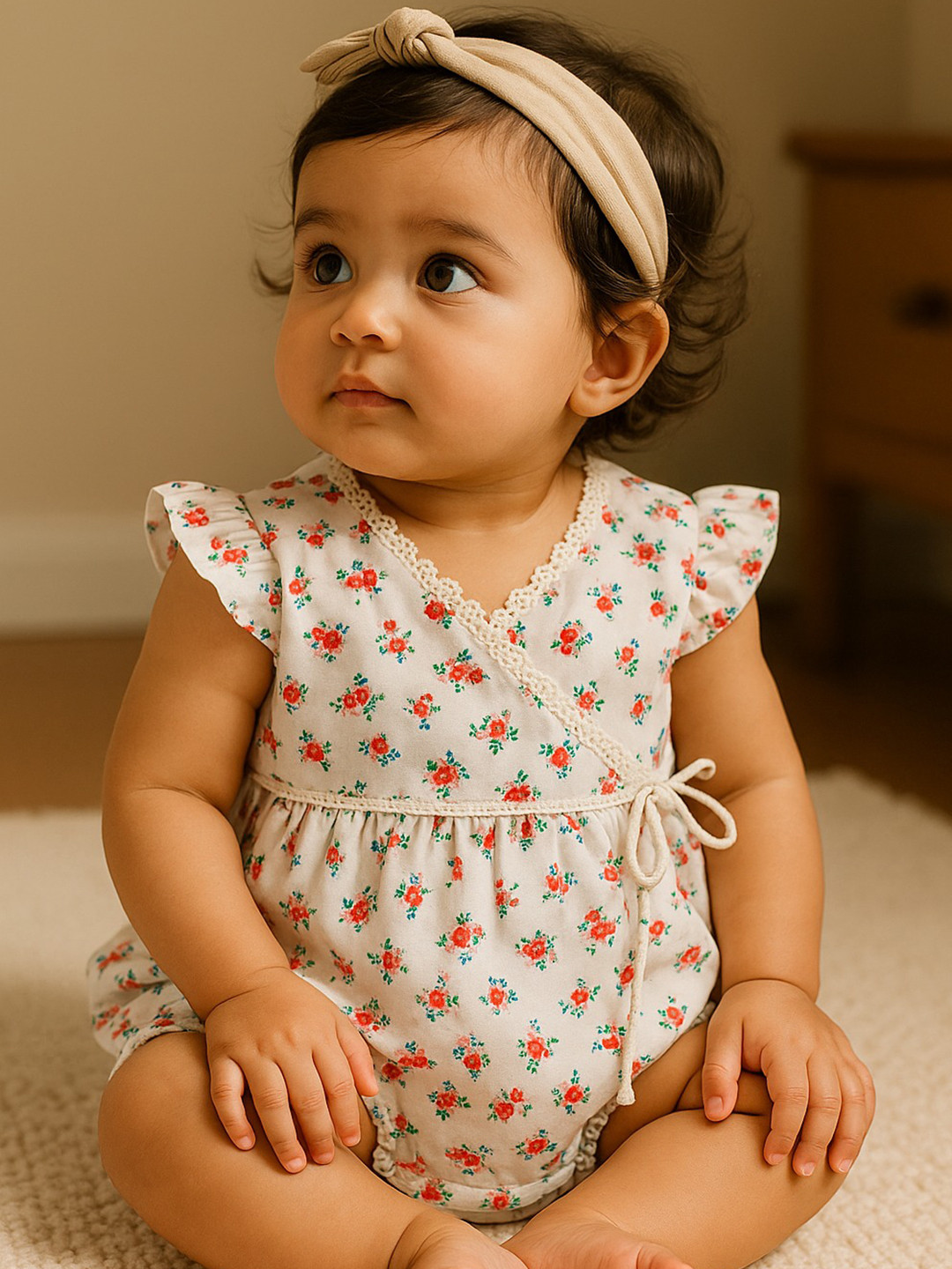 EARTHY TWEENS Girls Floral Printed Flutter Onesie Pure Cotton Bodysuit