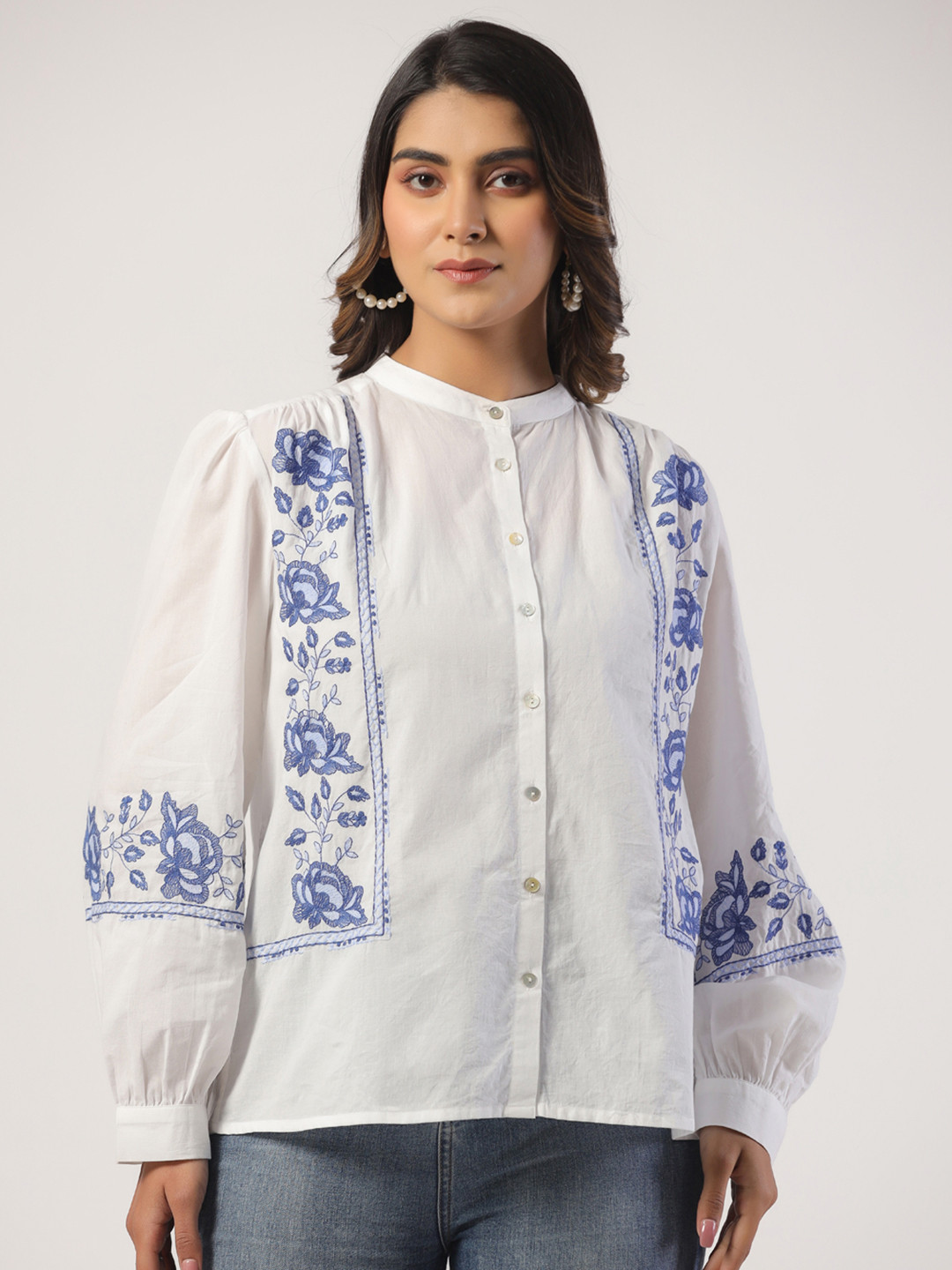 STIL O STITCH Mandarin Collar Cotton Shirt Style Top