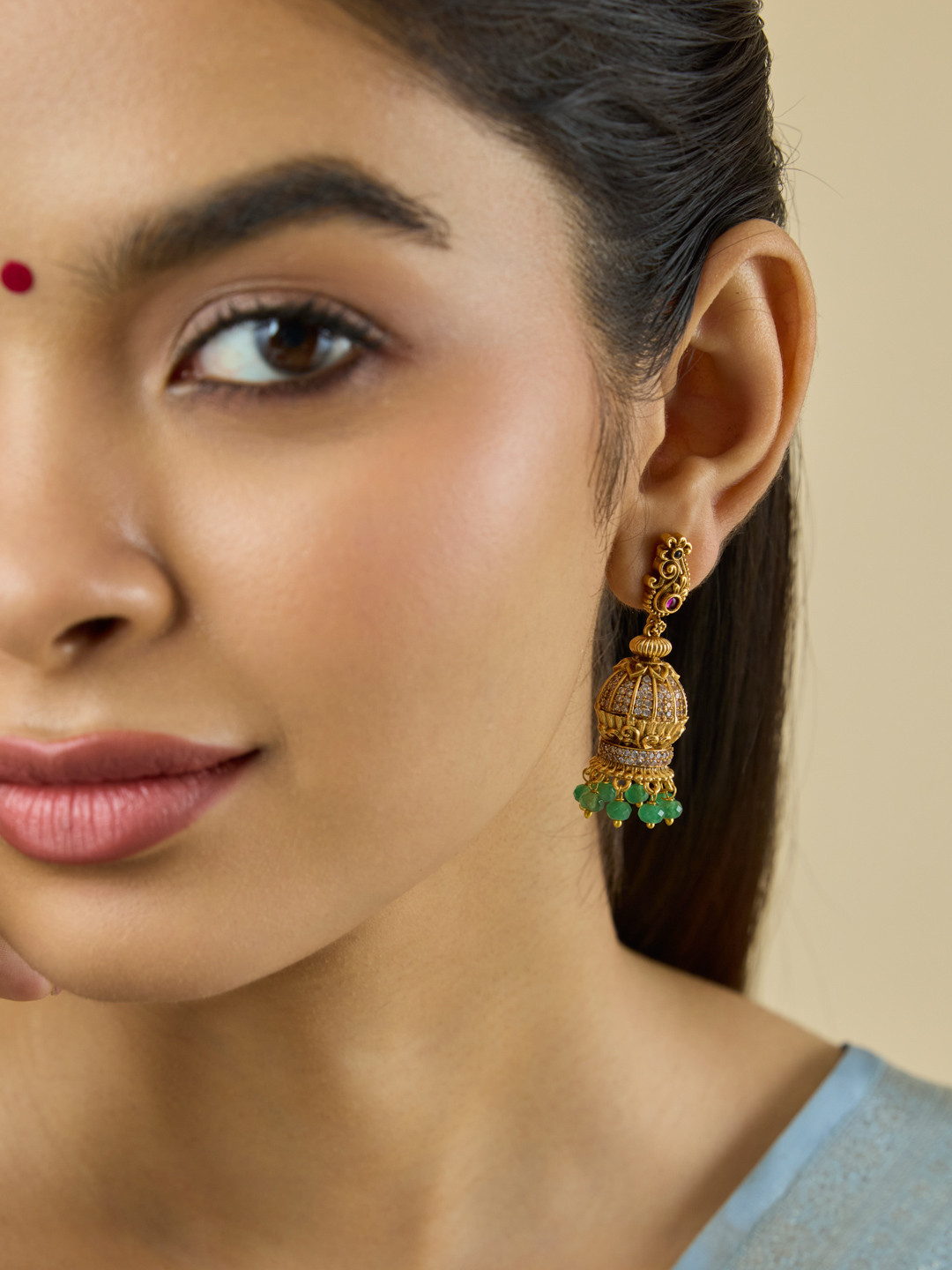 Kushal's Fashion Jewellery Gold-Plated Ruby Ethnic Antique Dome Shaped Jhumkas Earrings