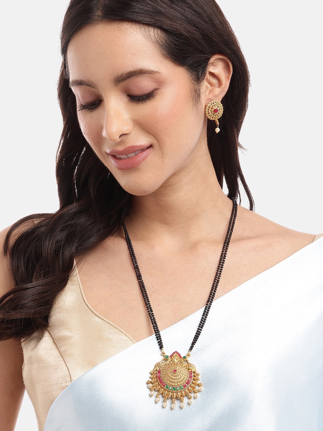 Digital Dress Room Peacock & Flower Pendant Mangalsutra With Earrings Set