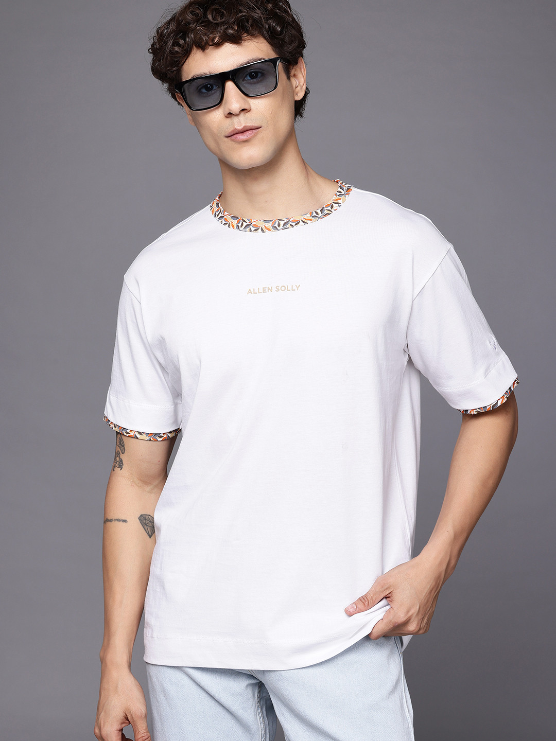 Allen Solly Leaves Print Detail Pure Cotton Drop-Sleeves Relaxed Fit T-shirt