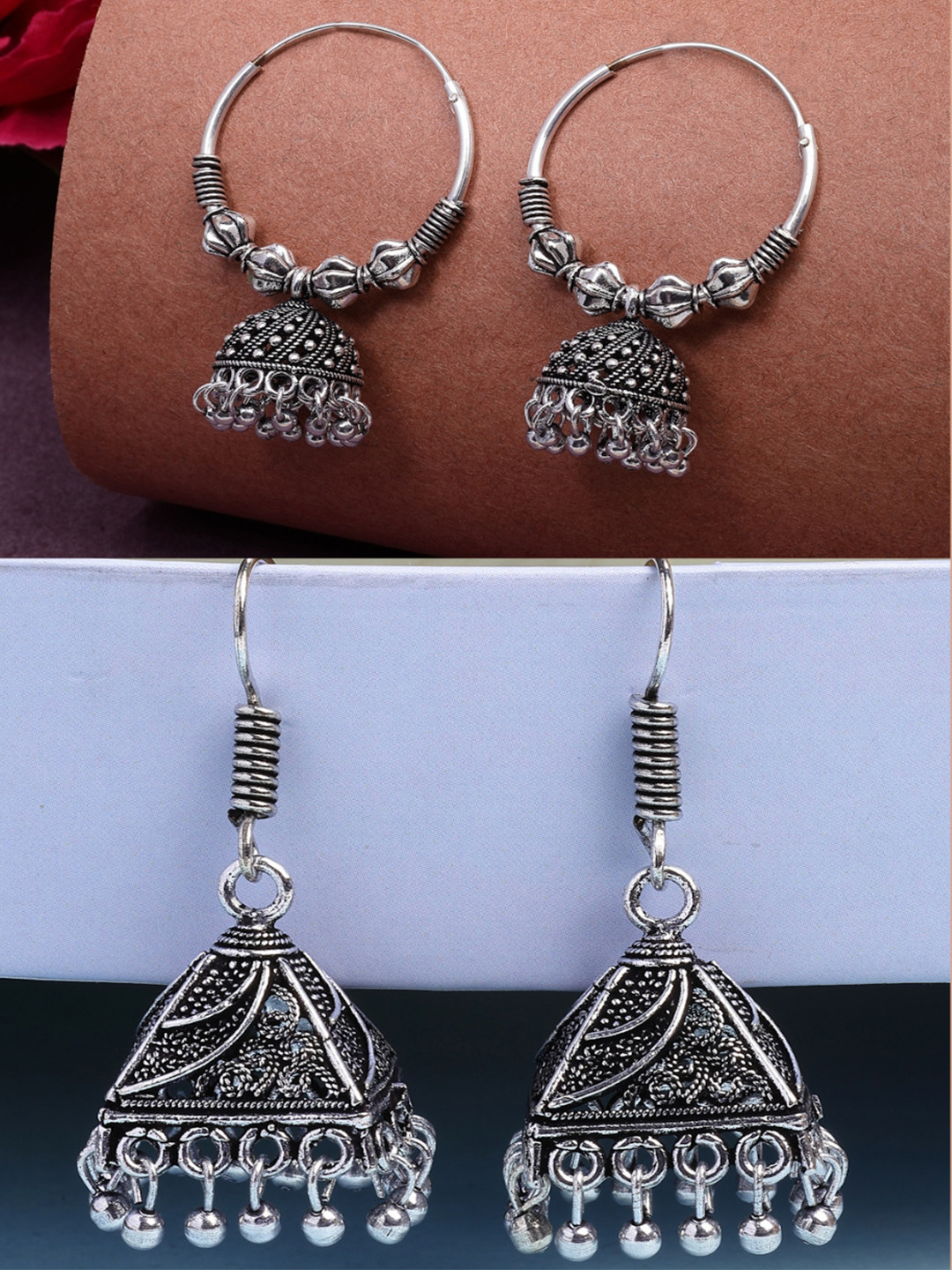 NVR Women Set of 2 German silver Oxidised Silver Plated Circle Shaped Jhumka Earrings