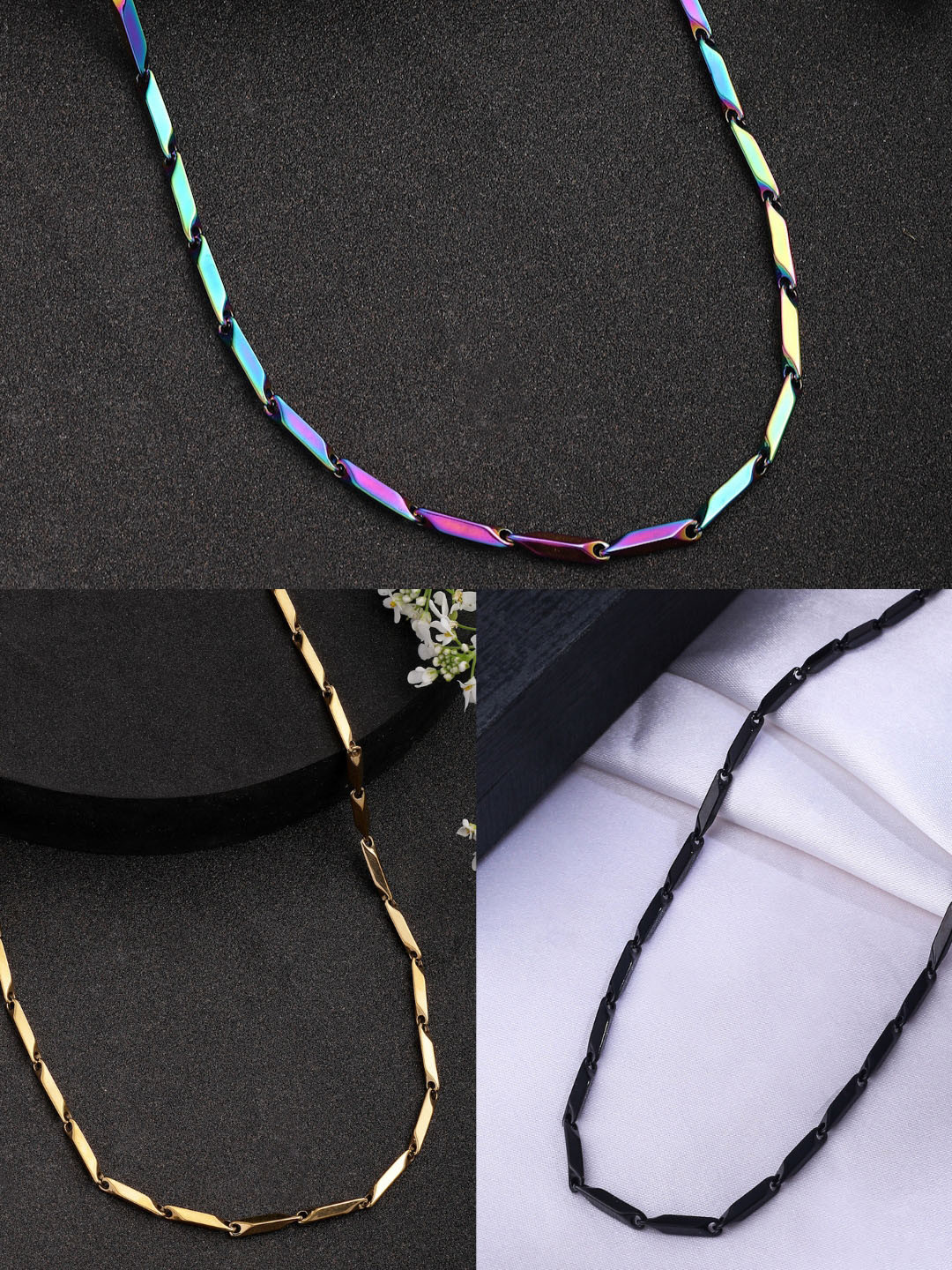 NVR Men Set of 3 Gold-Plated Stainless Steel Trendy Stylish Chains