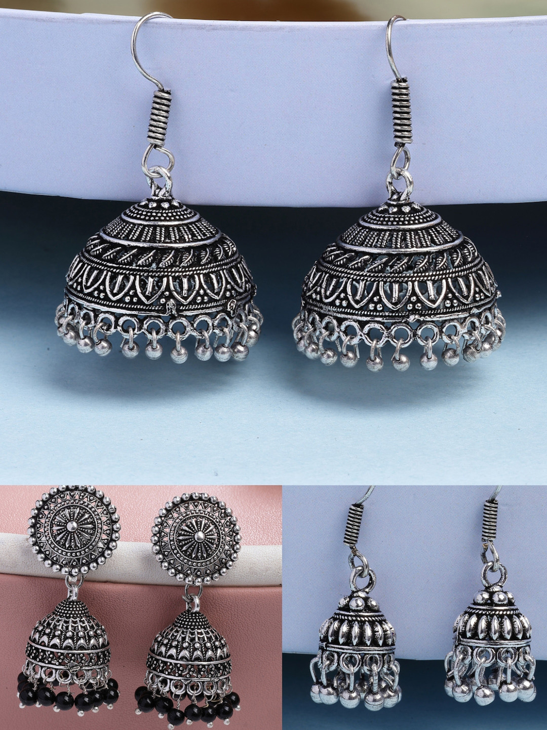 NVR Women Set of 3 Traditional Silver Plated Dome-Shaped Oxidised Jhumkas