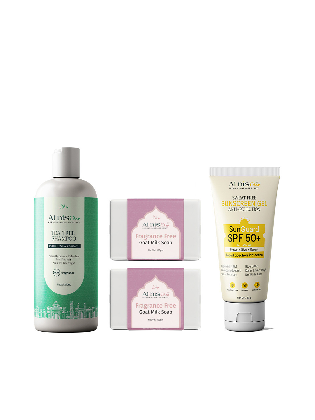 Al Nisa Set Of 4 Tea Tree Shampoo- 100 ml- Sunscreen- 50 g & Goat Milk Soap- 100 g Each