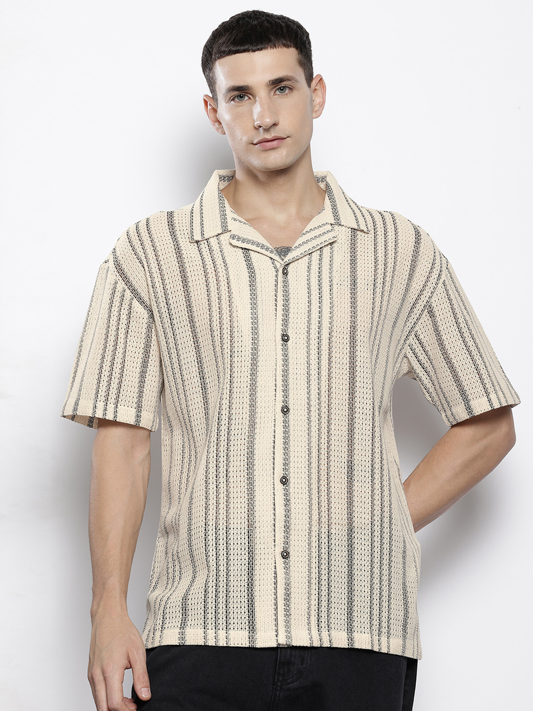 The Indian Garage Co Men Textured Open Weave Knitted Relaxed Fit Shirt