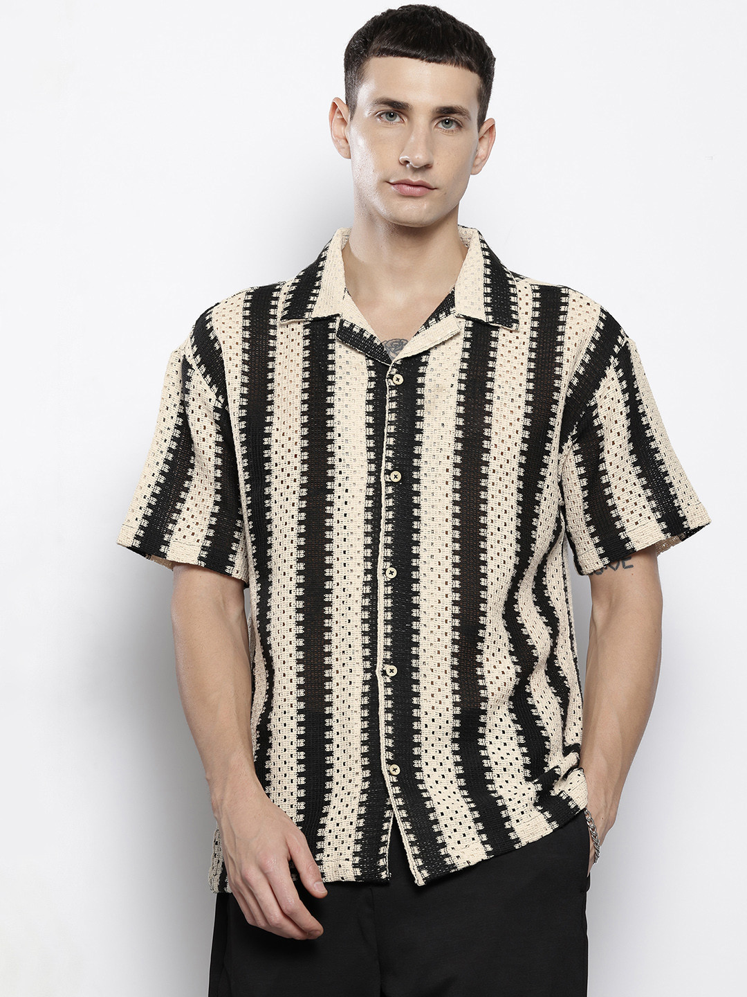 The Indian Garage Co Men Textured Open Weave Knitted Relaxed Fit Shirt